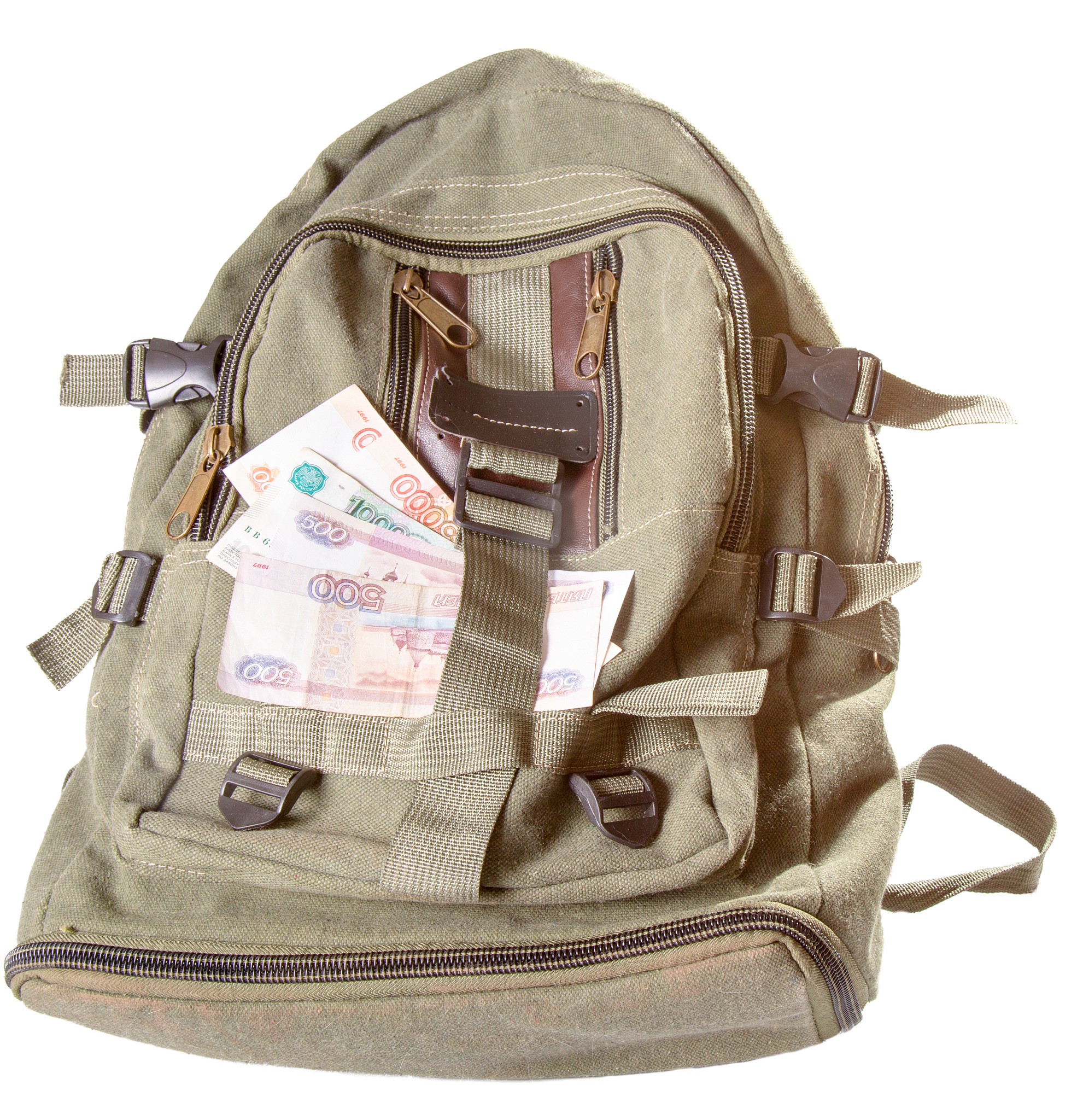 backpack and several notes of russian rubles