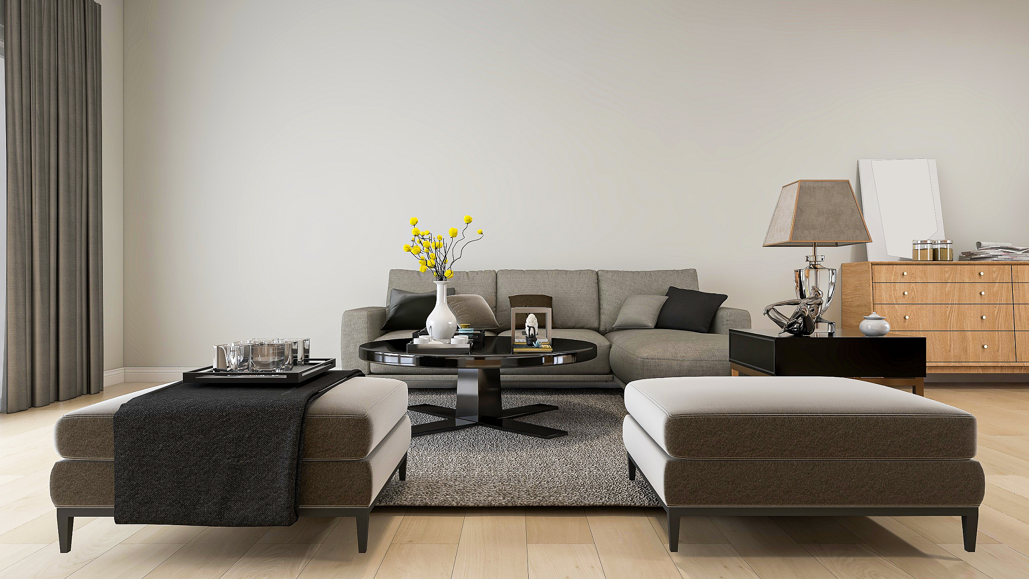 3d rendering, spacious living room design of modern residence, w
