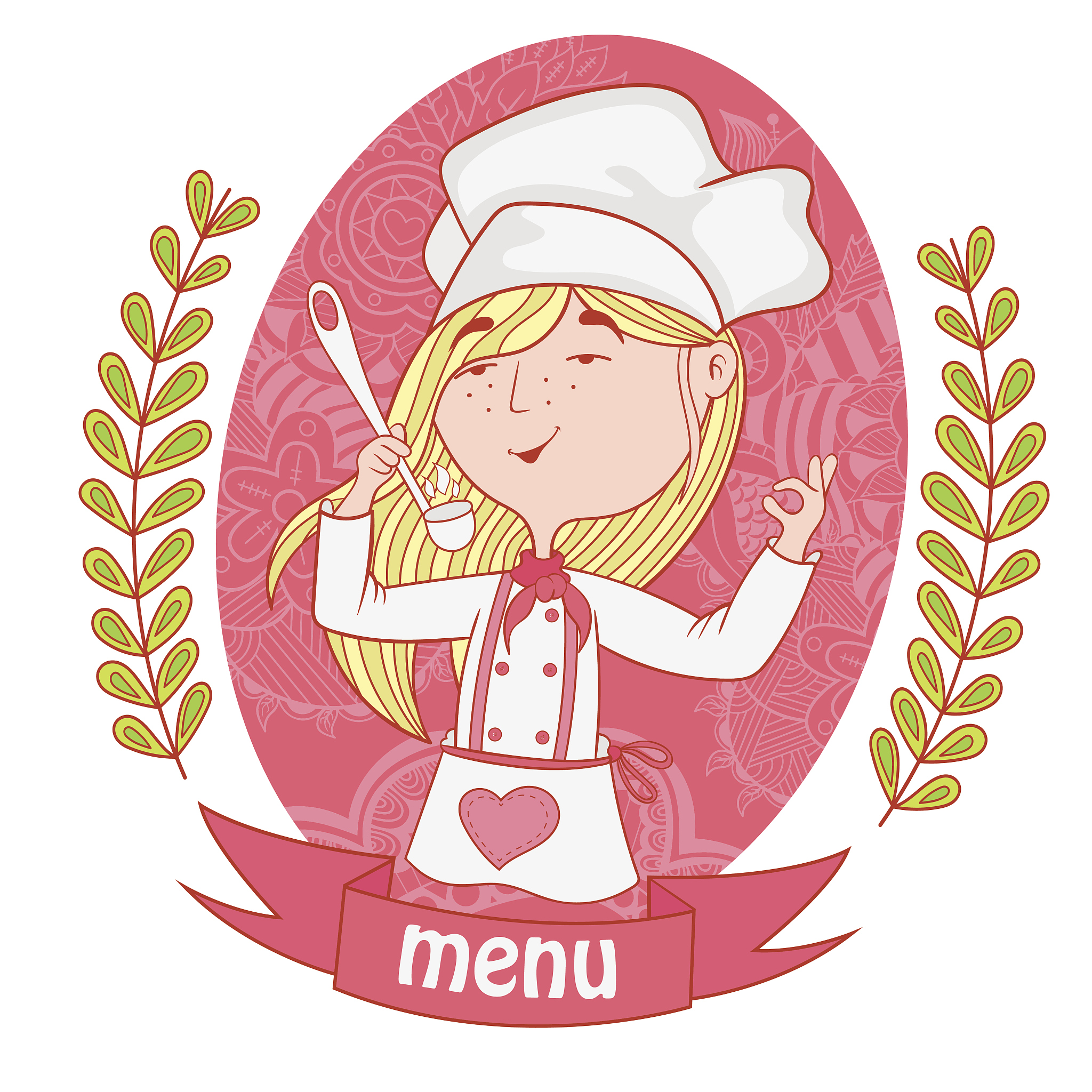 cute girl chef cook with a ladle. menu.