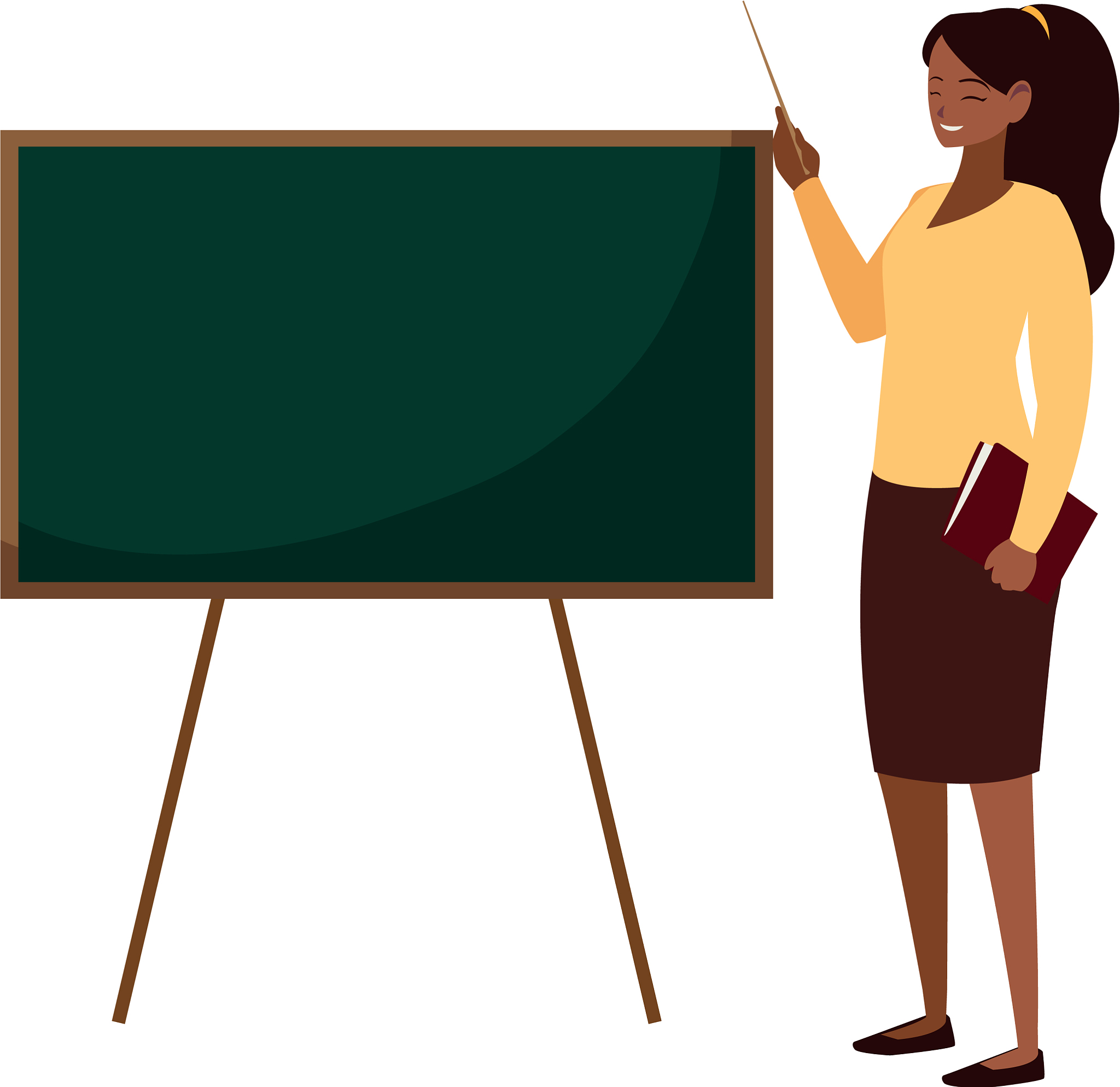black female teacher with textbook and chalkboard
