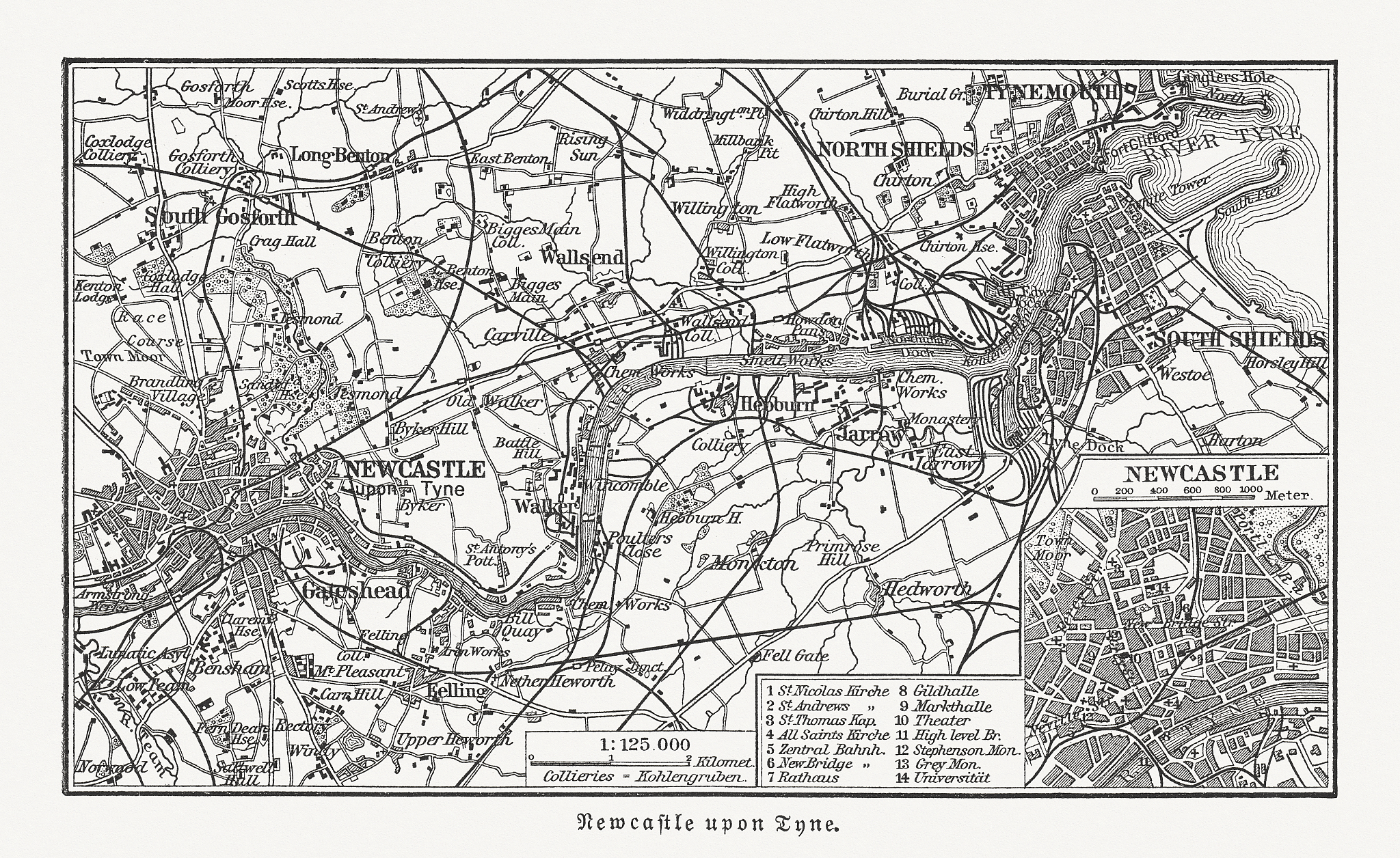 map of newcastle upon tyne and surroundings, england, published 