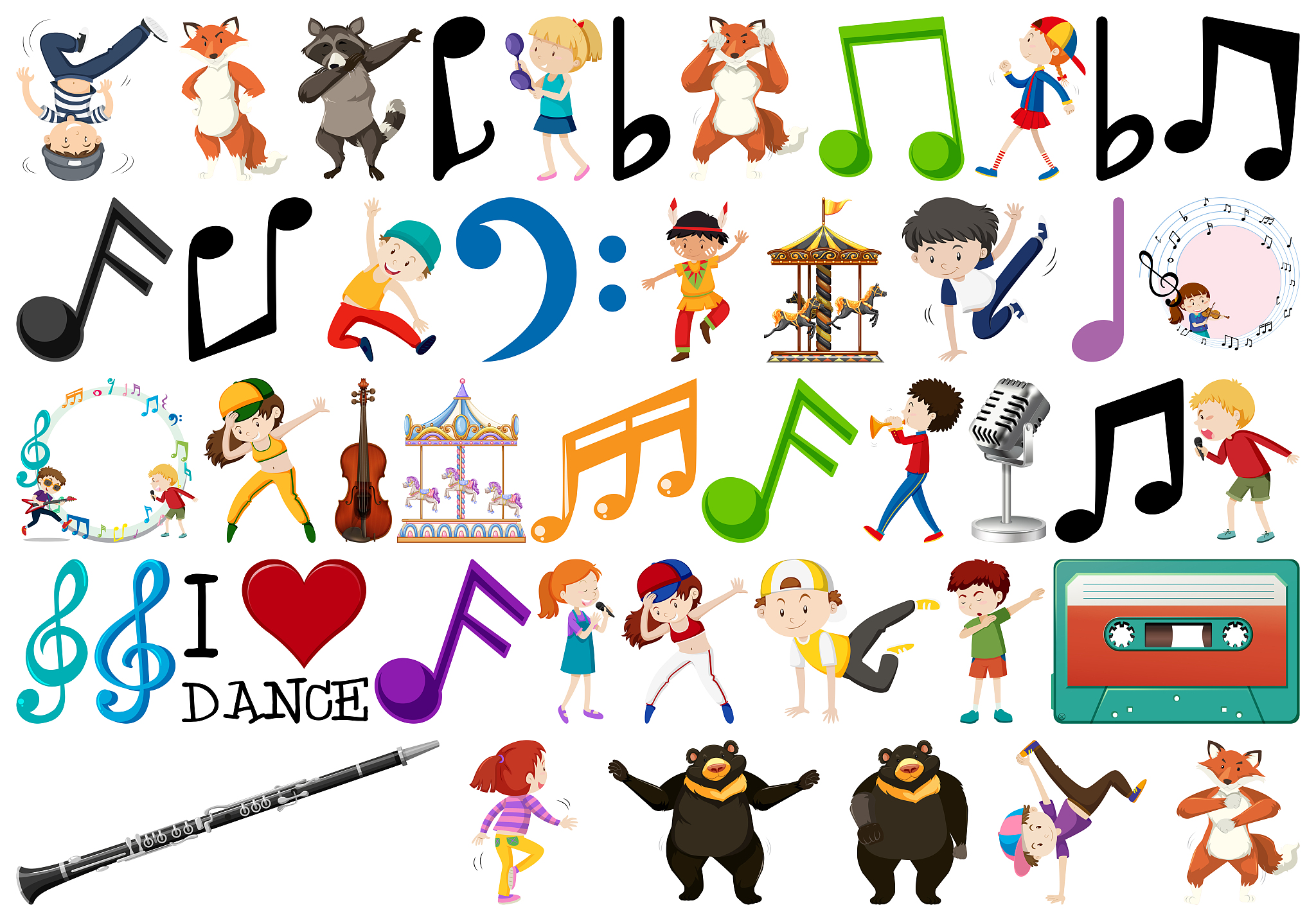 music set with kids and animals playing and dancing