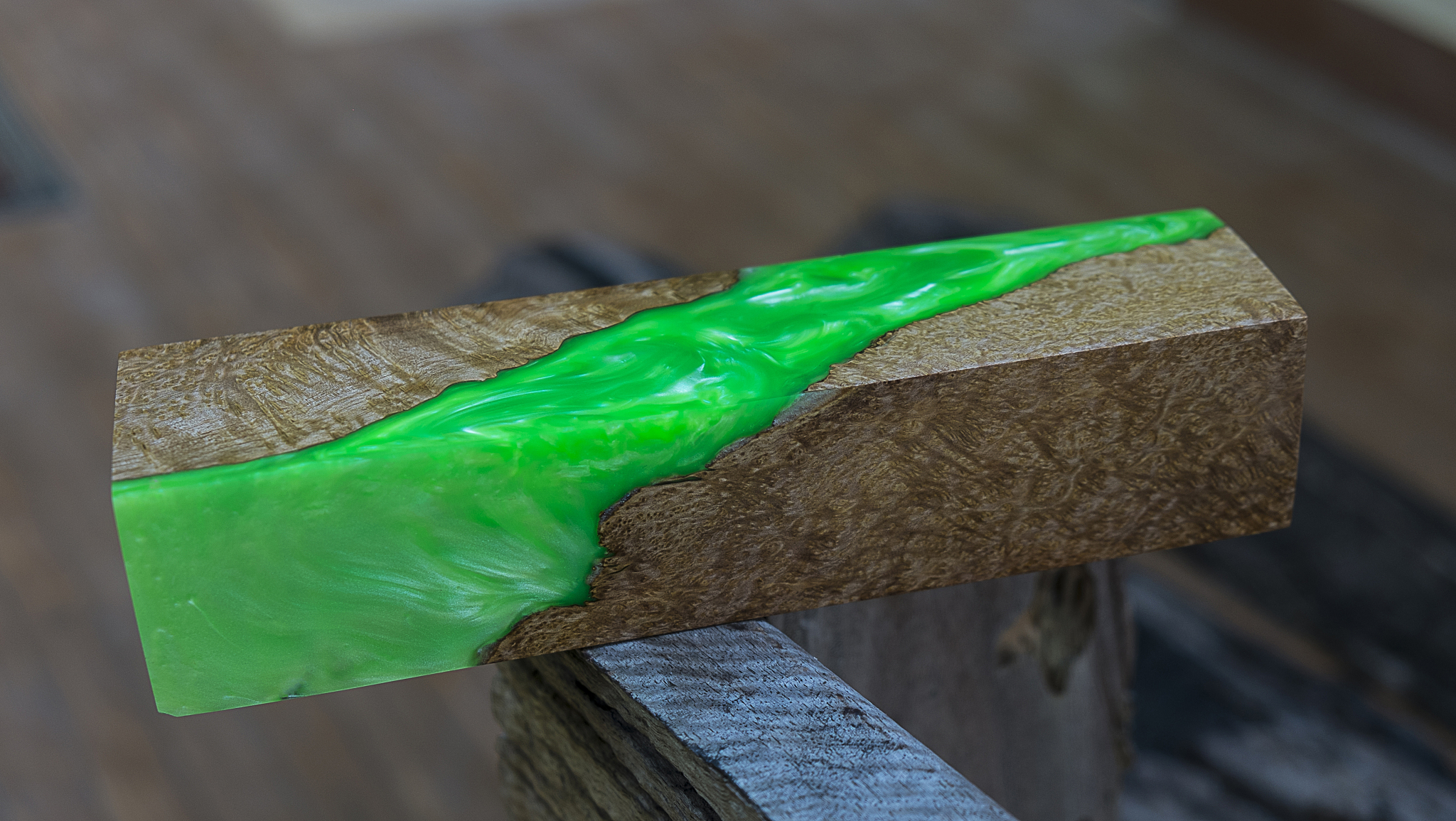 close-up of green resin wood