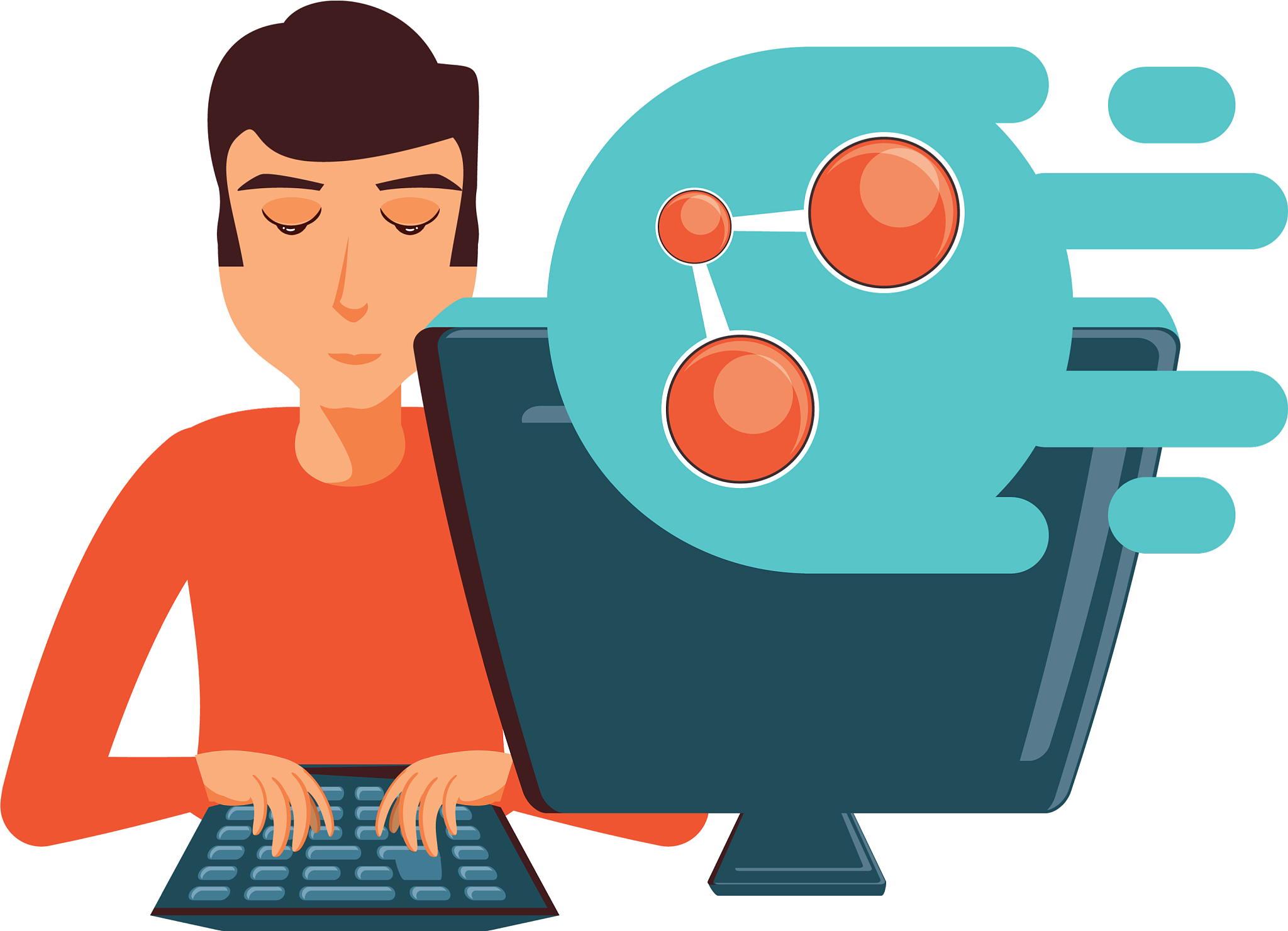 man with desktop computer and share symbol
