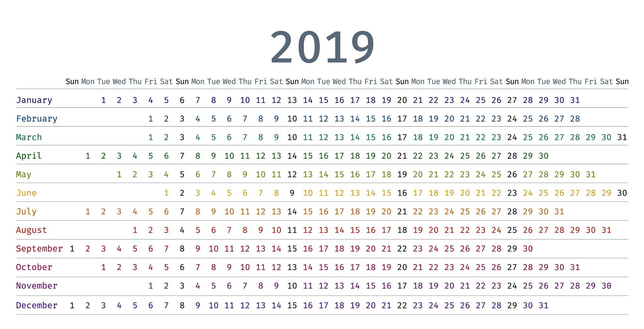 2019 linear calendar in simple style