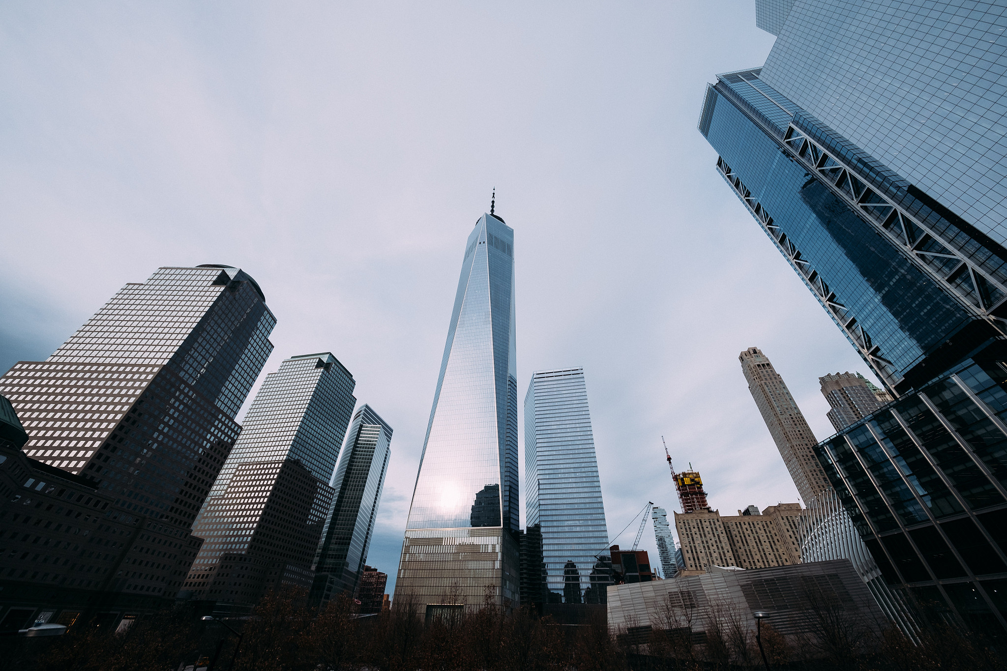 the facade of the modern glass buildings of the financial distri