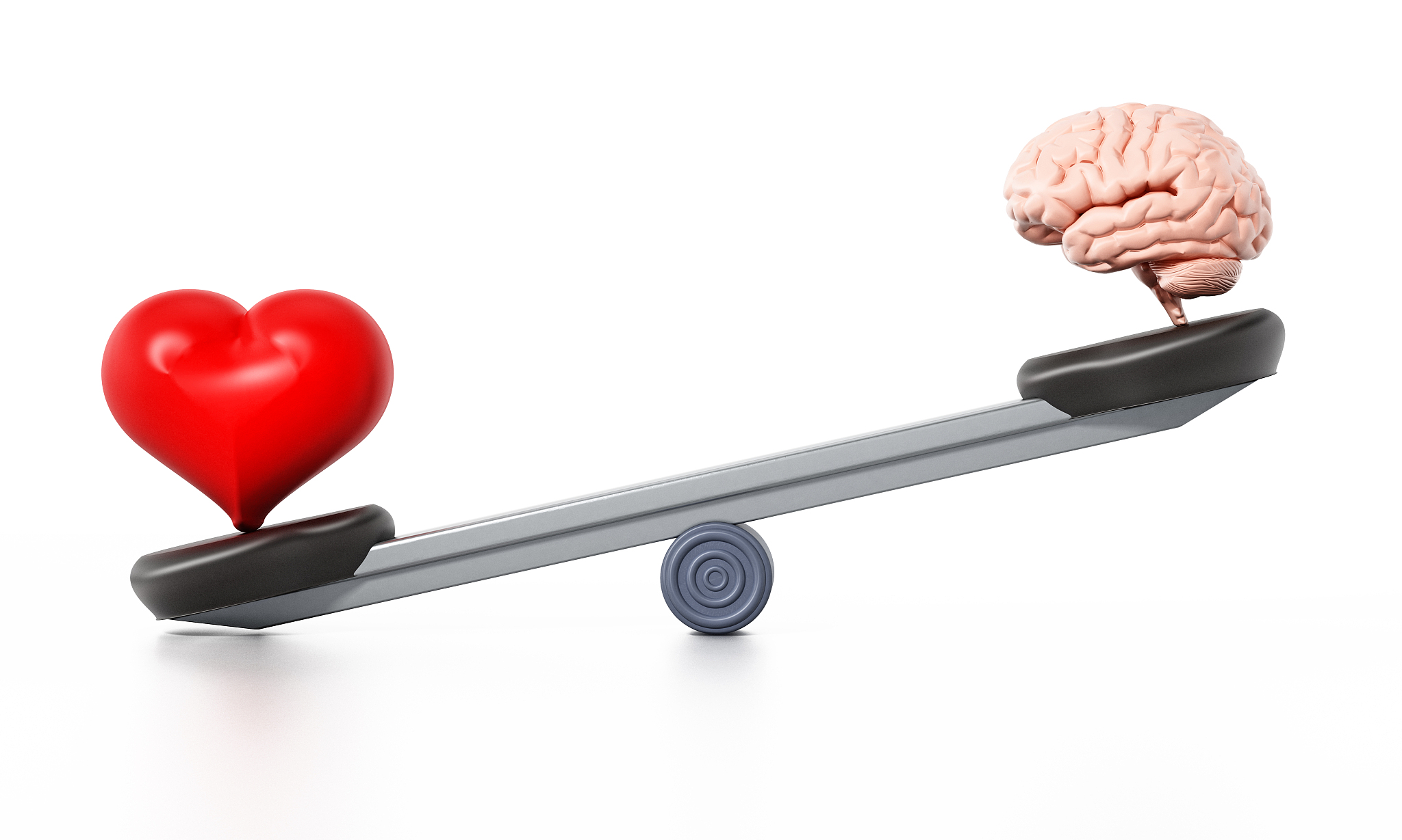 heart and brain standing at the opposite sides of the seesaw