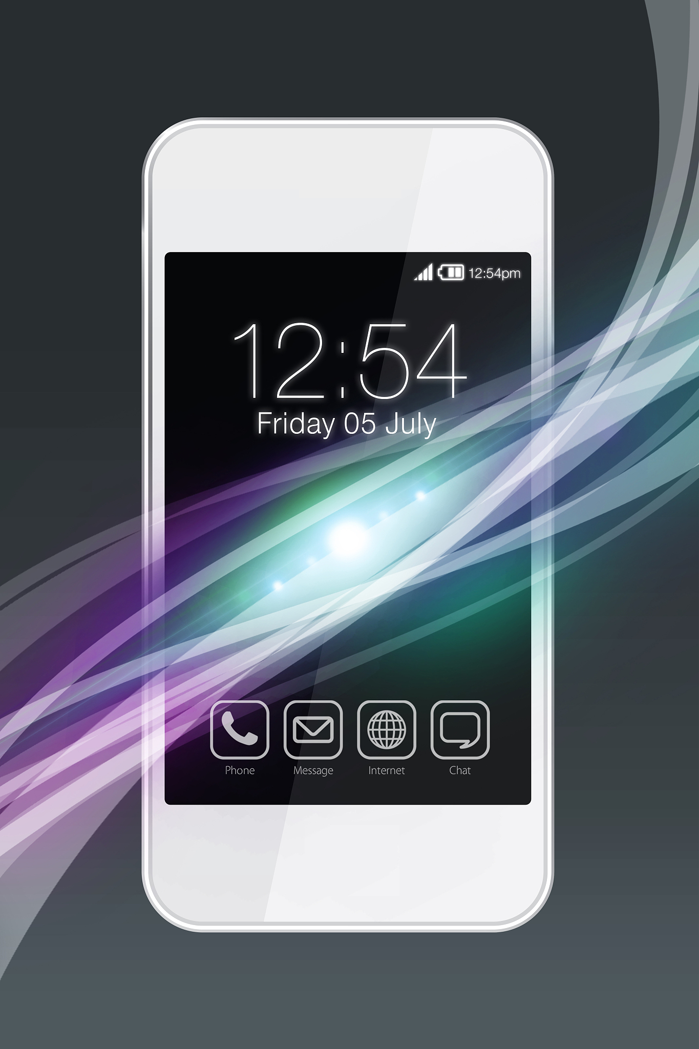 white smartphone with colorful wave effect.