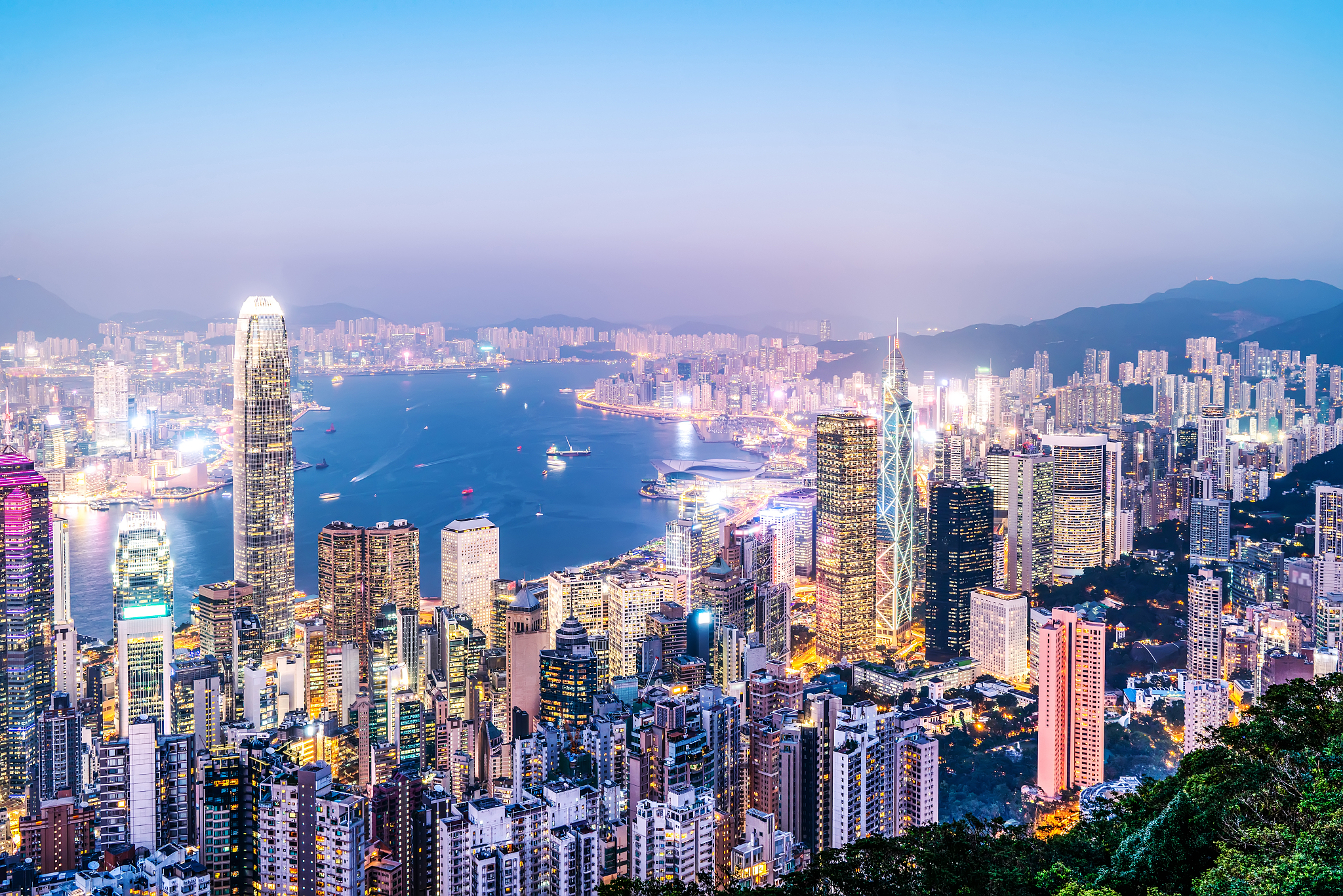 coloured images in modern office buildings in downtown hong kong