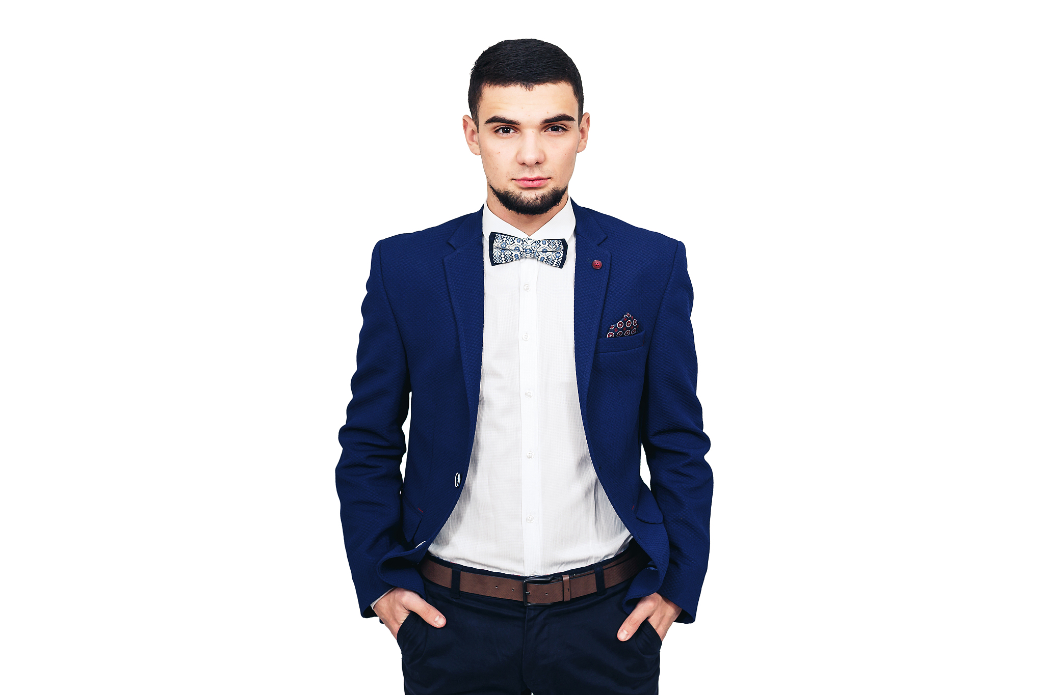 麻烦帮忙生成Stable Diffusion的提示词一个西装青年的上半身照背景是深蓝色的墙