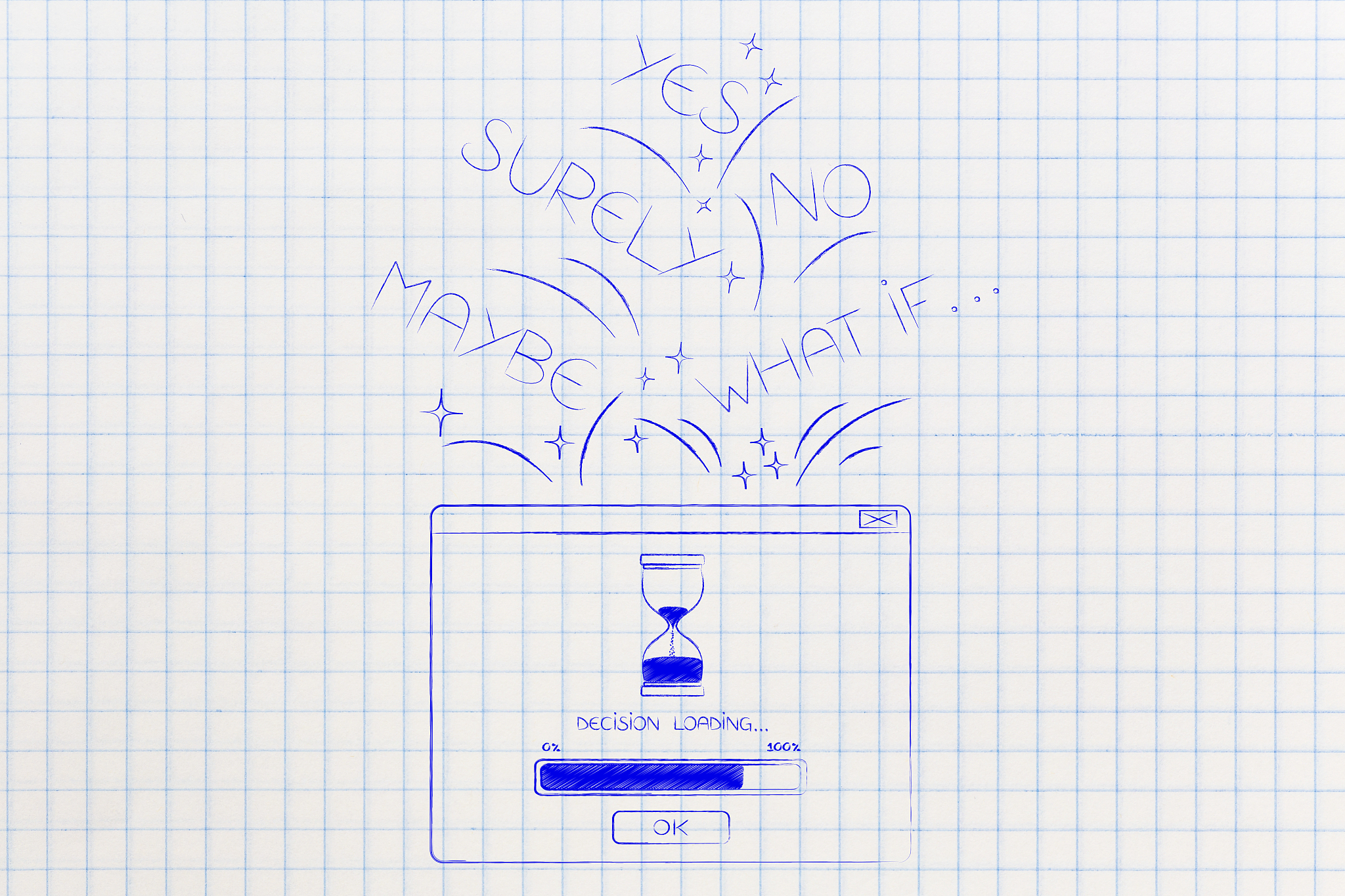 decision loading pop-up with progress bar and hourglass with cap