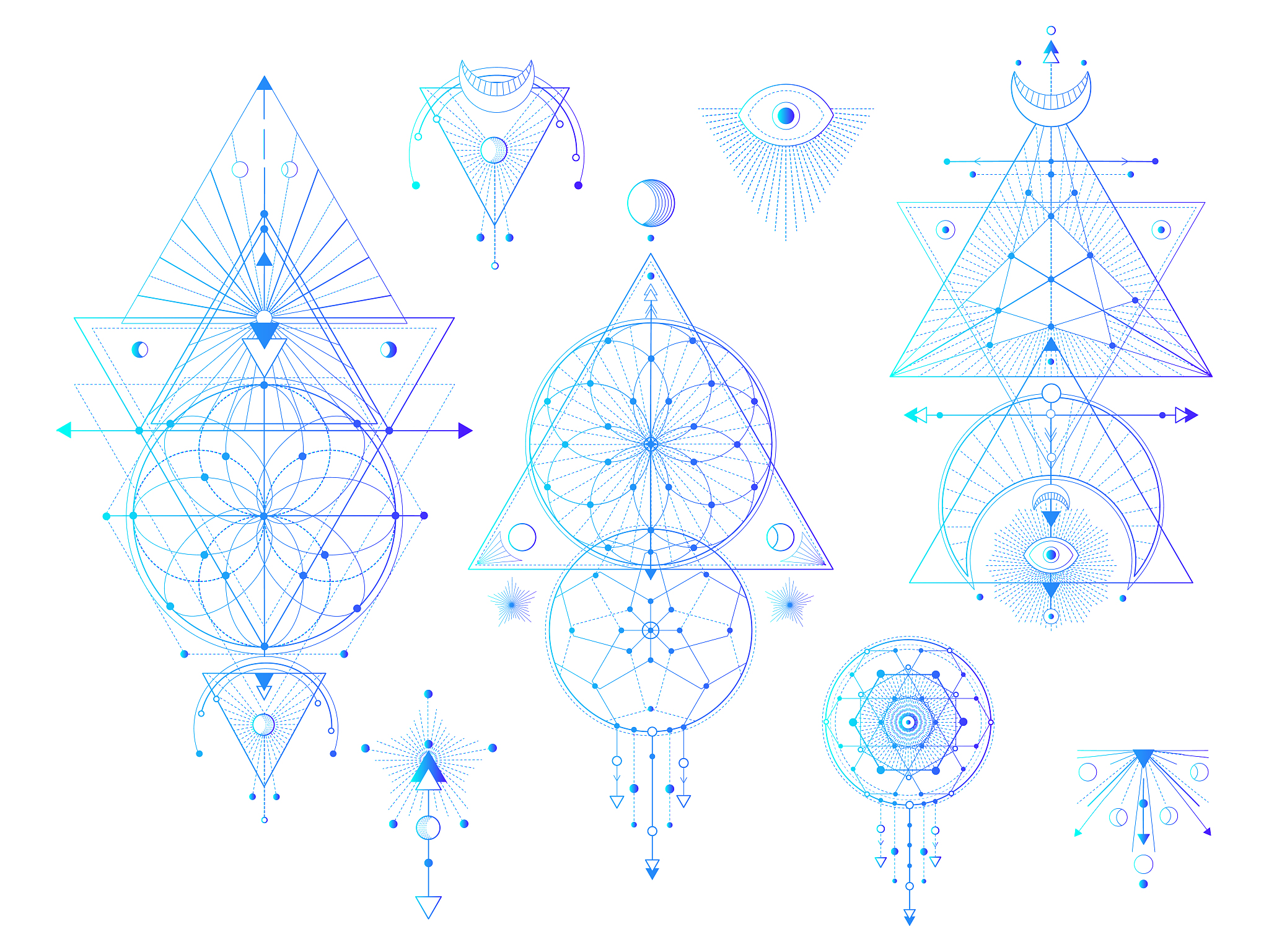 vector set of sacred geometric symbols with moon, eye, arrows, d
