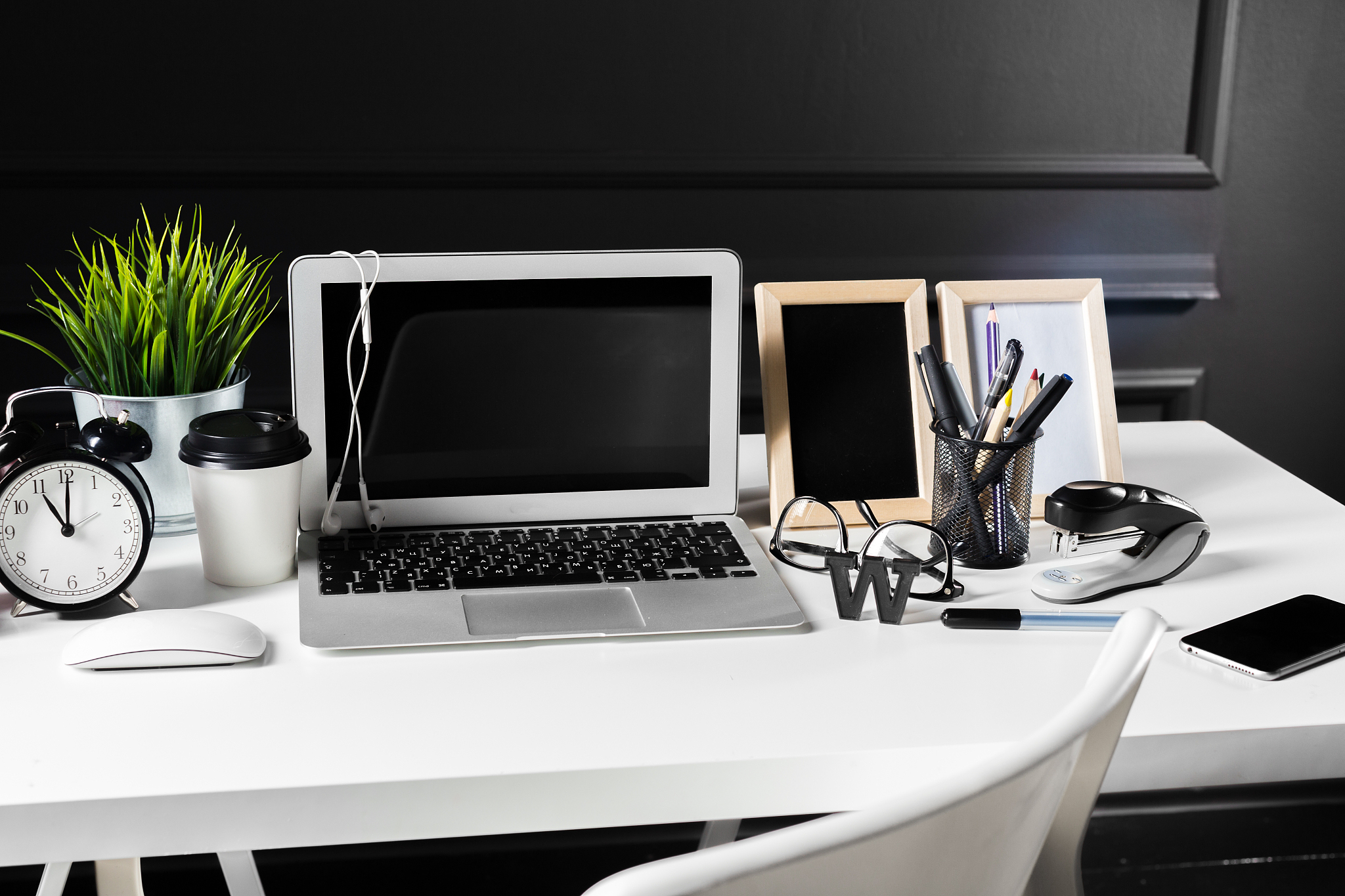 office leather desk table with computer, supplies