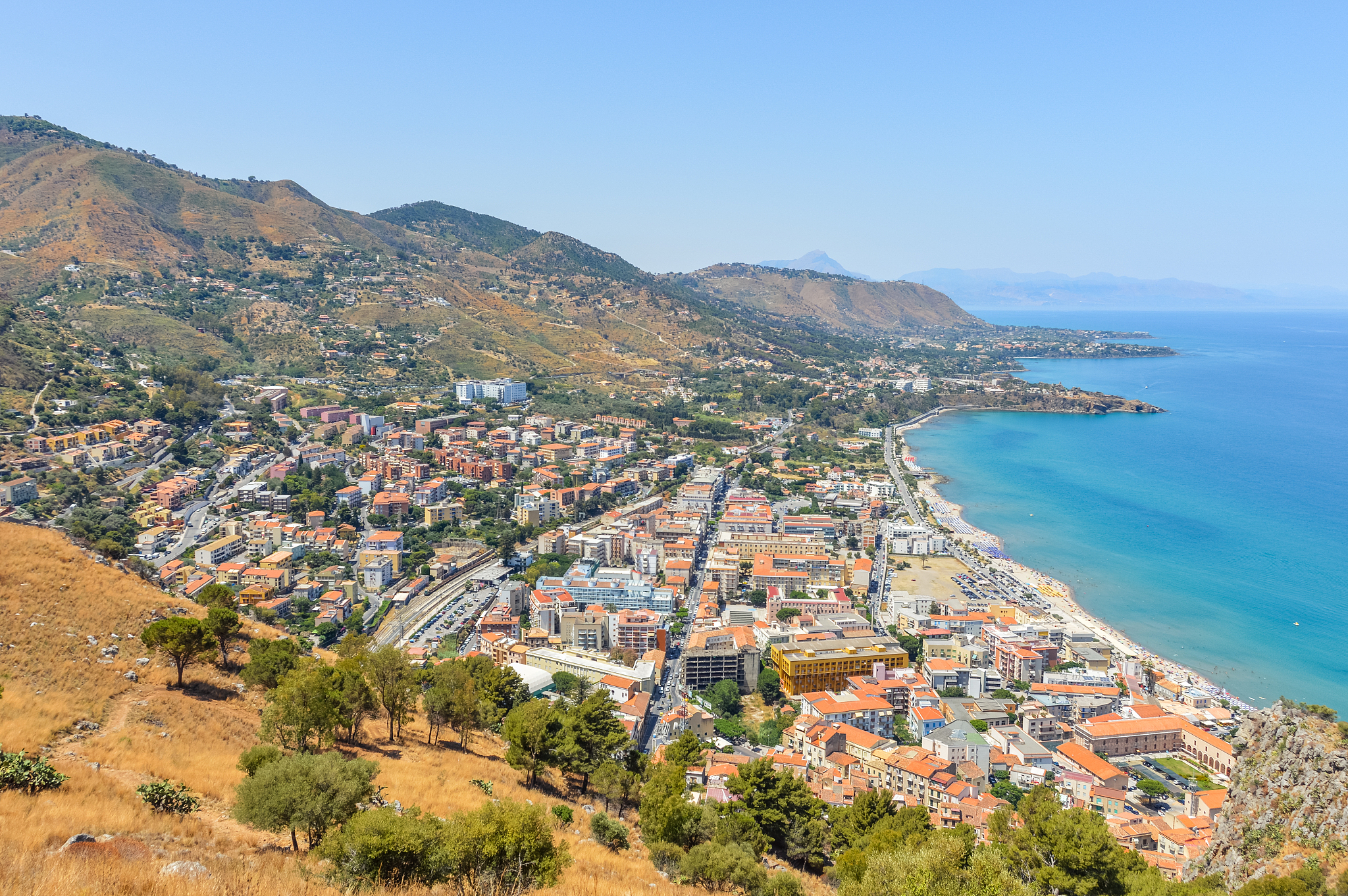 aerial view of italian resort town - cefalu, sicily