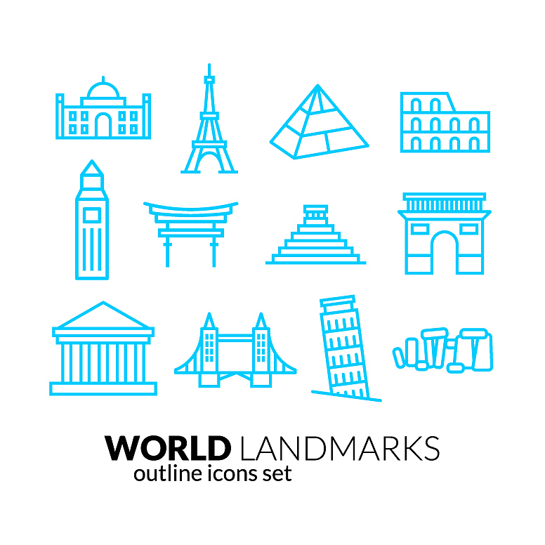 world landmarks outline icons set