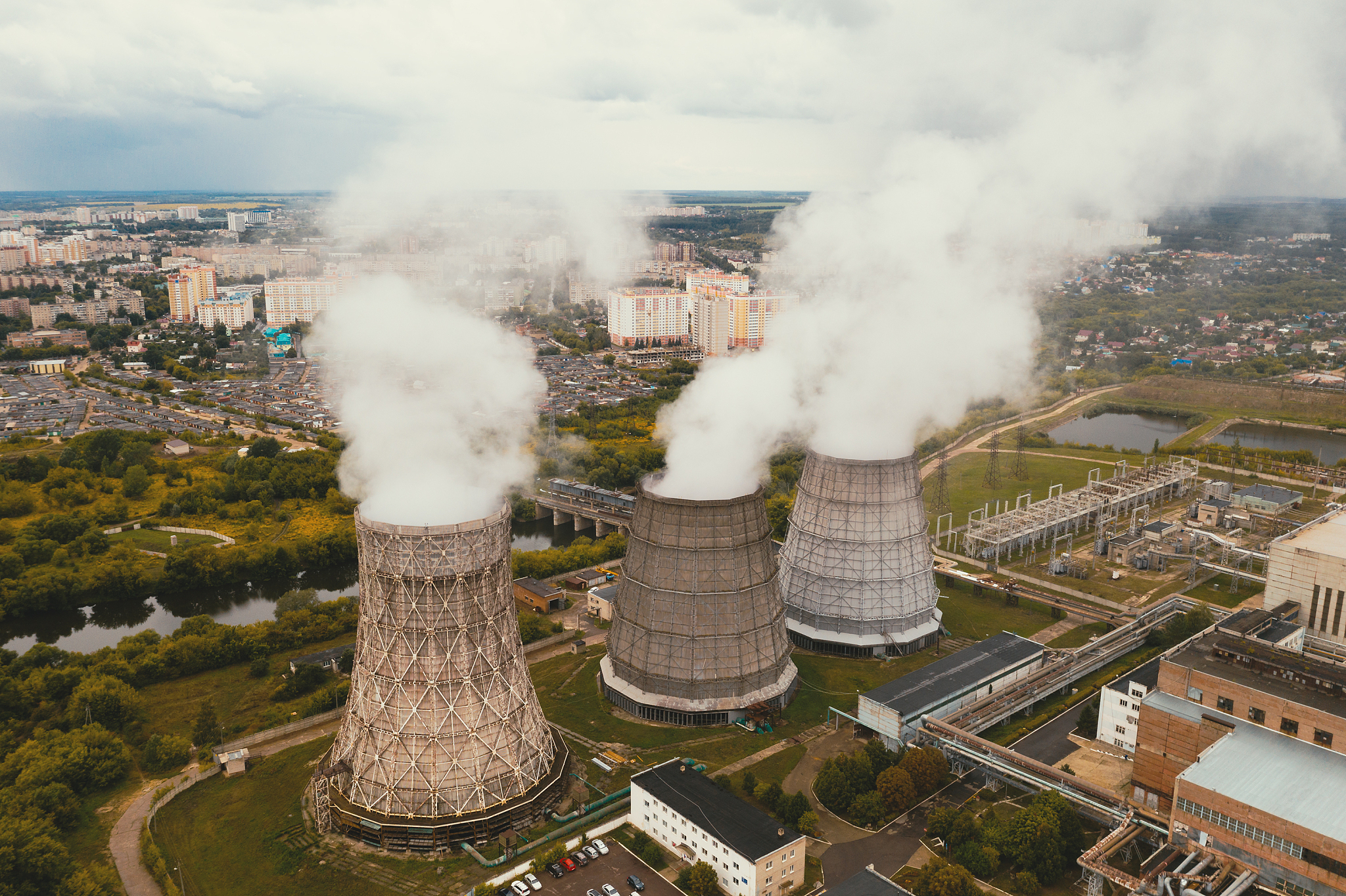 smoke from chimneys of thermal power plant or station, aerial vi