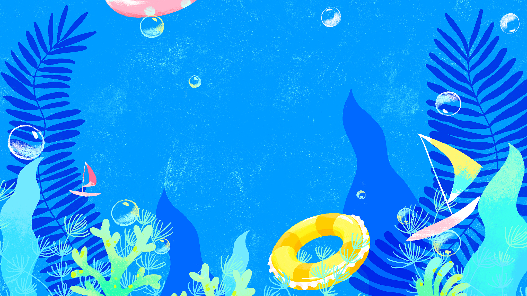 夏天蓝色海底的海草珊瑚游泳圈气泡海带插画