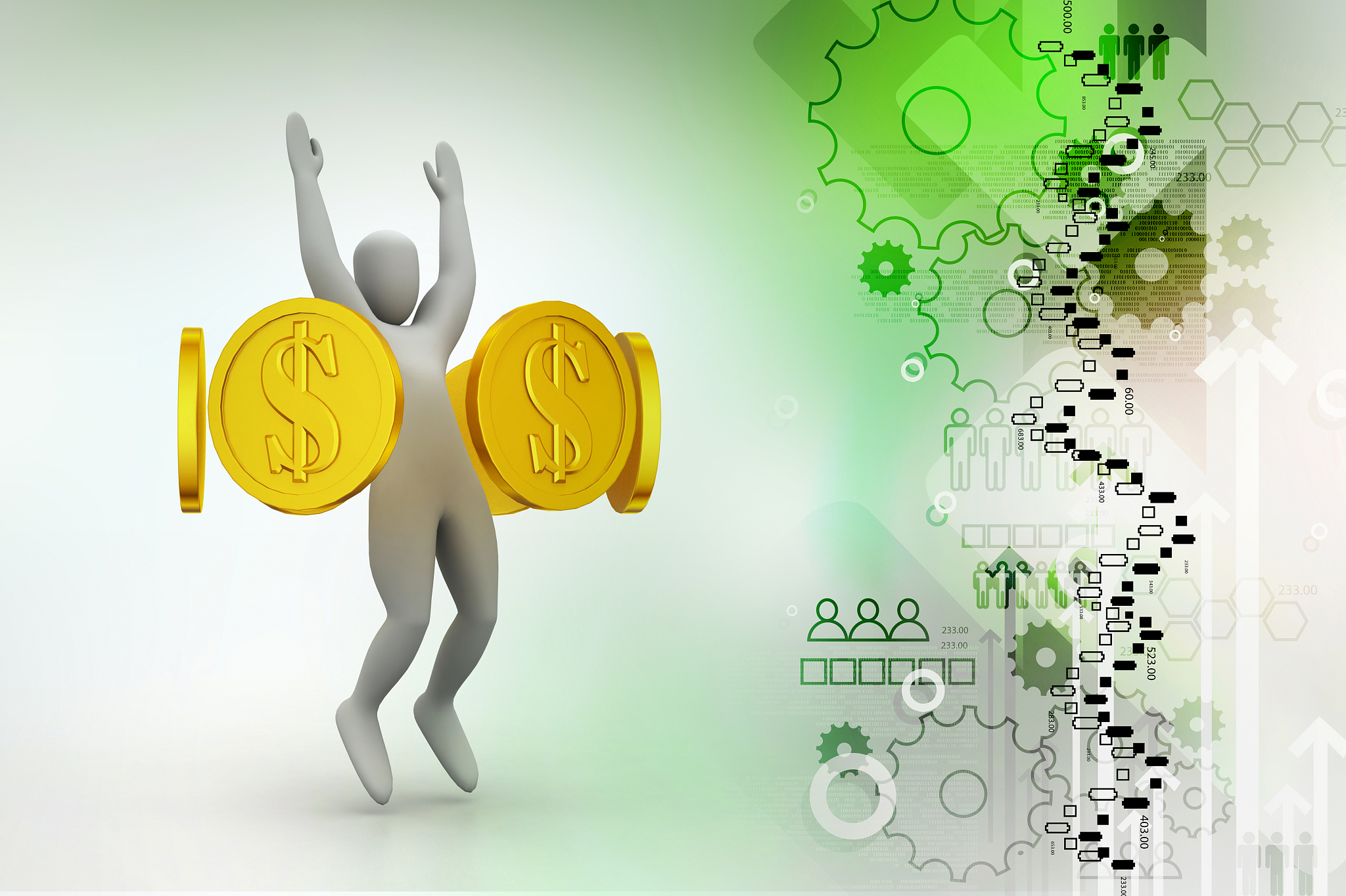 golden coins around happy 3d small person