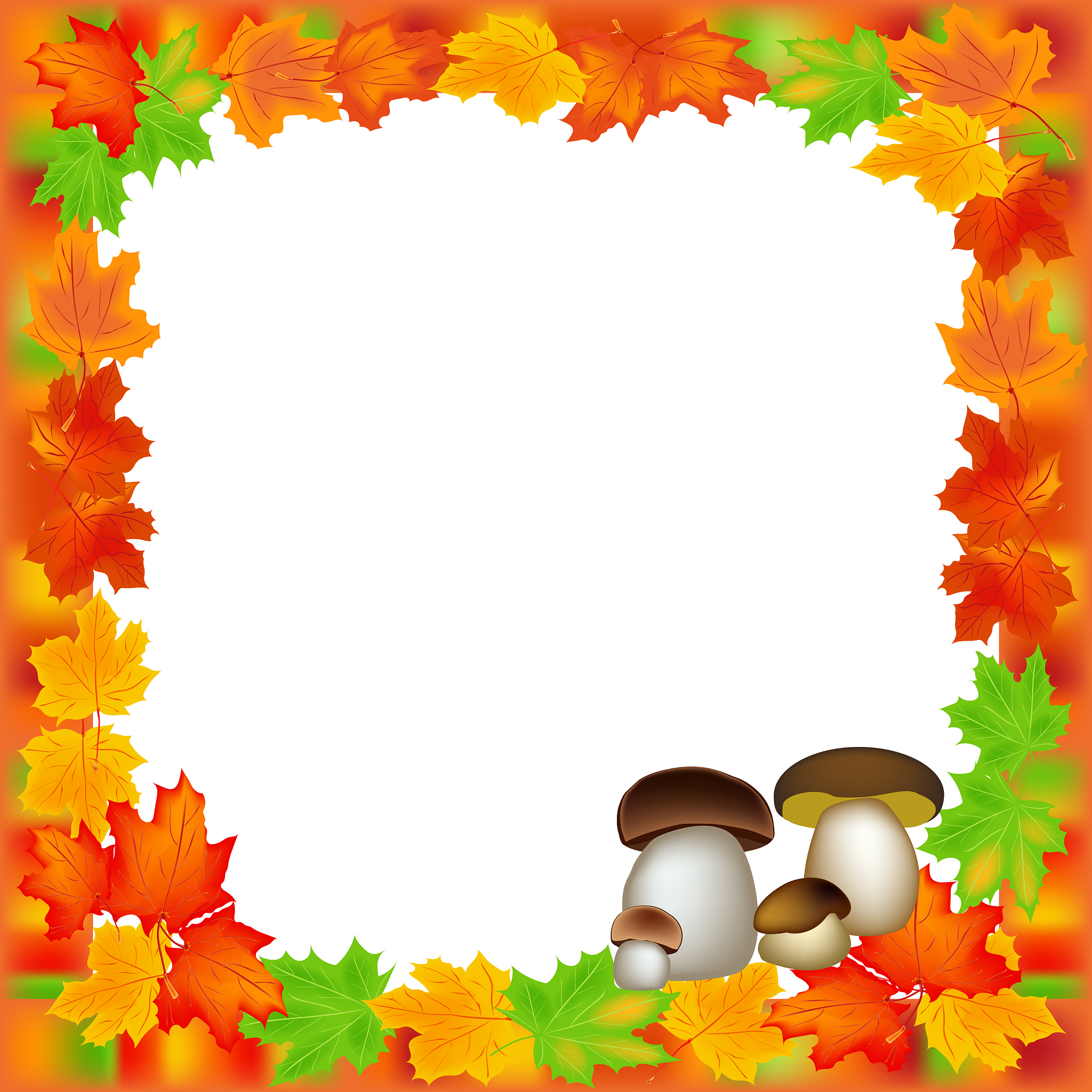 edible mushrooms and pumpkin in decorative frame of autumn leave