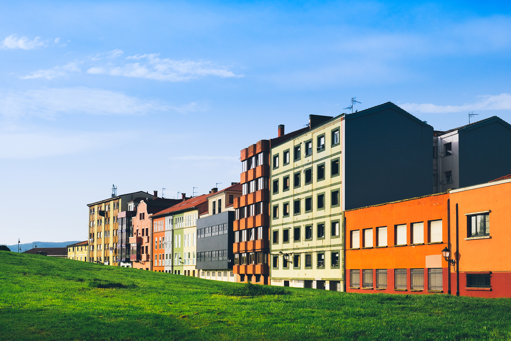 colorful buildings in a sunny day, old town of gijón (cimadevil