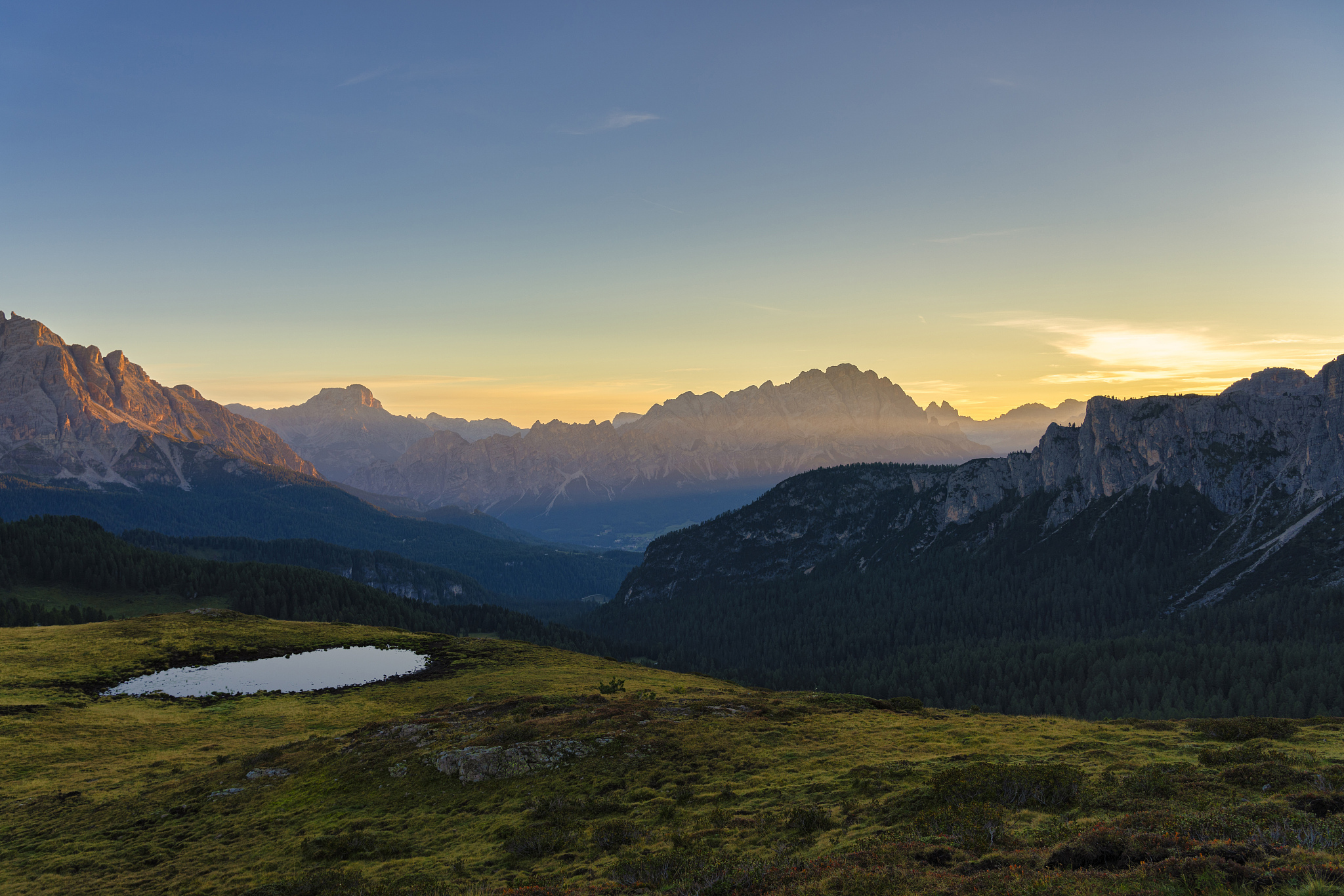 giau pass, croda del becco, and cristallo at sunrise, dolomites,