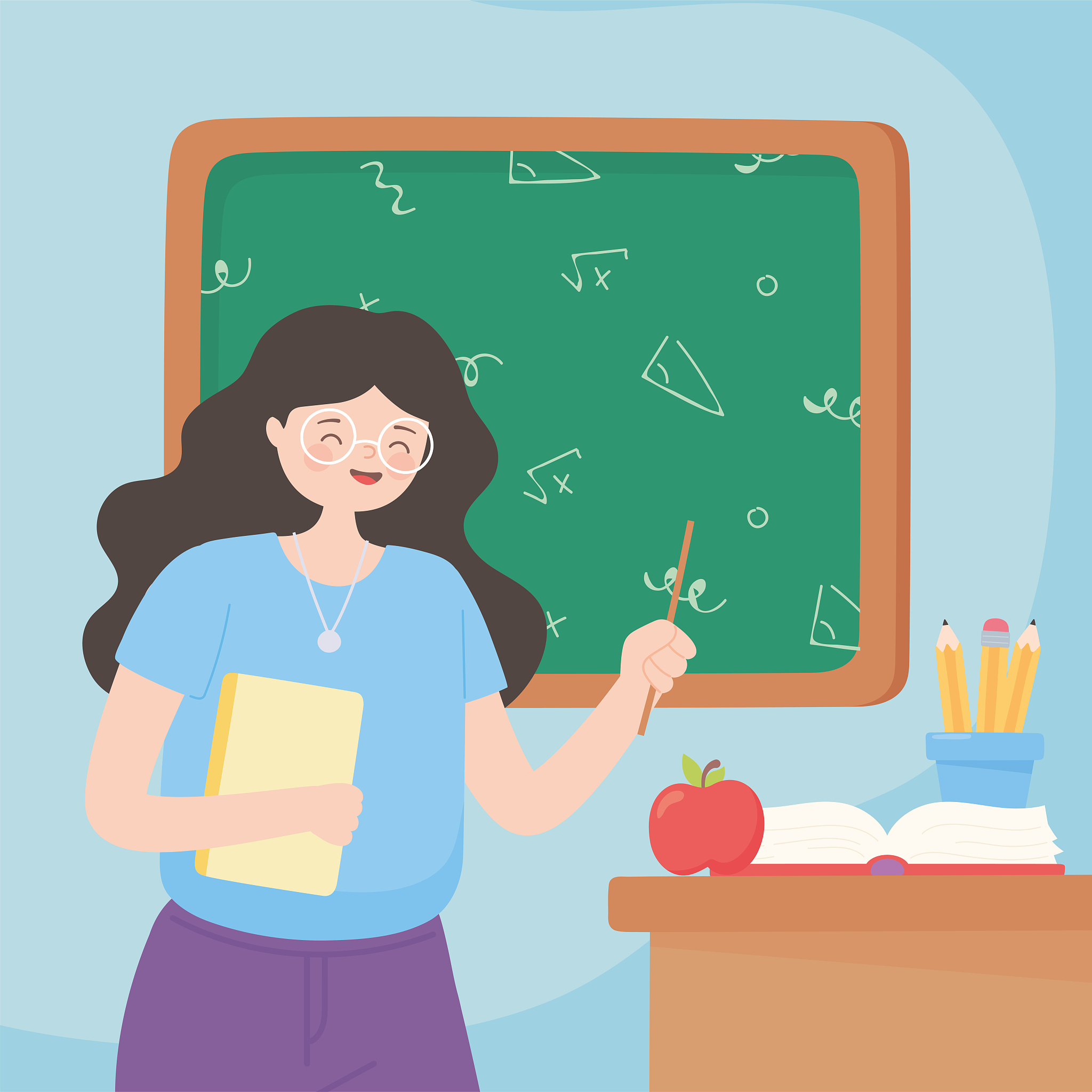 happy teachers day, teacher with paper book apple pencils in cup
