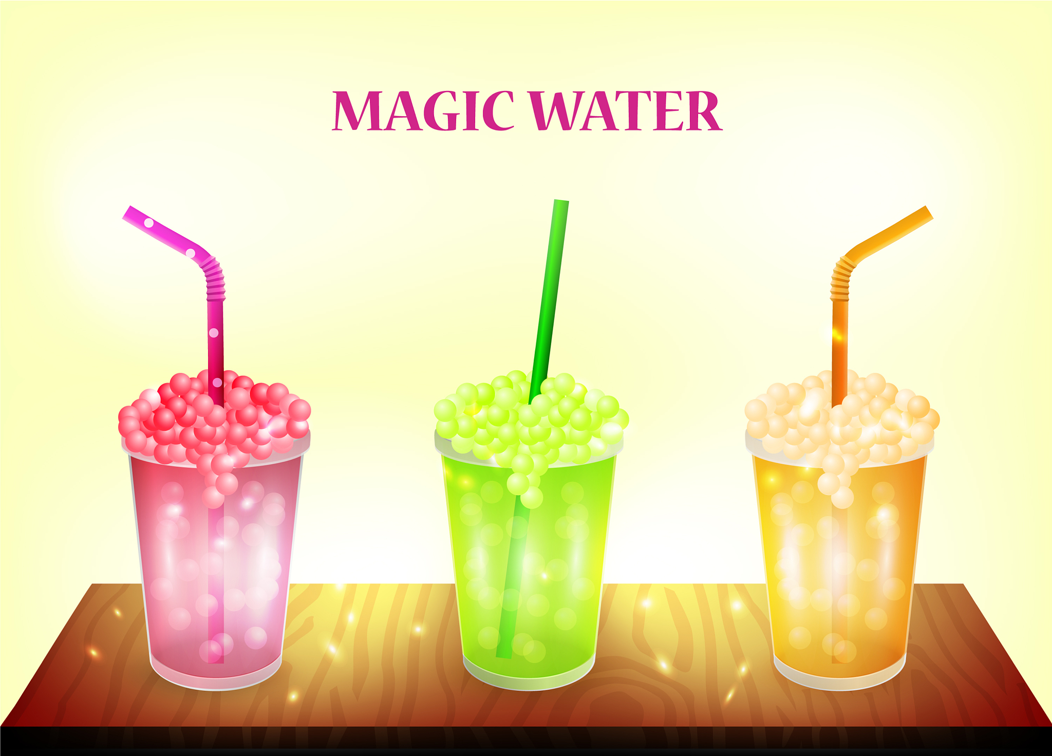color banner - three magic water on table glass