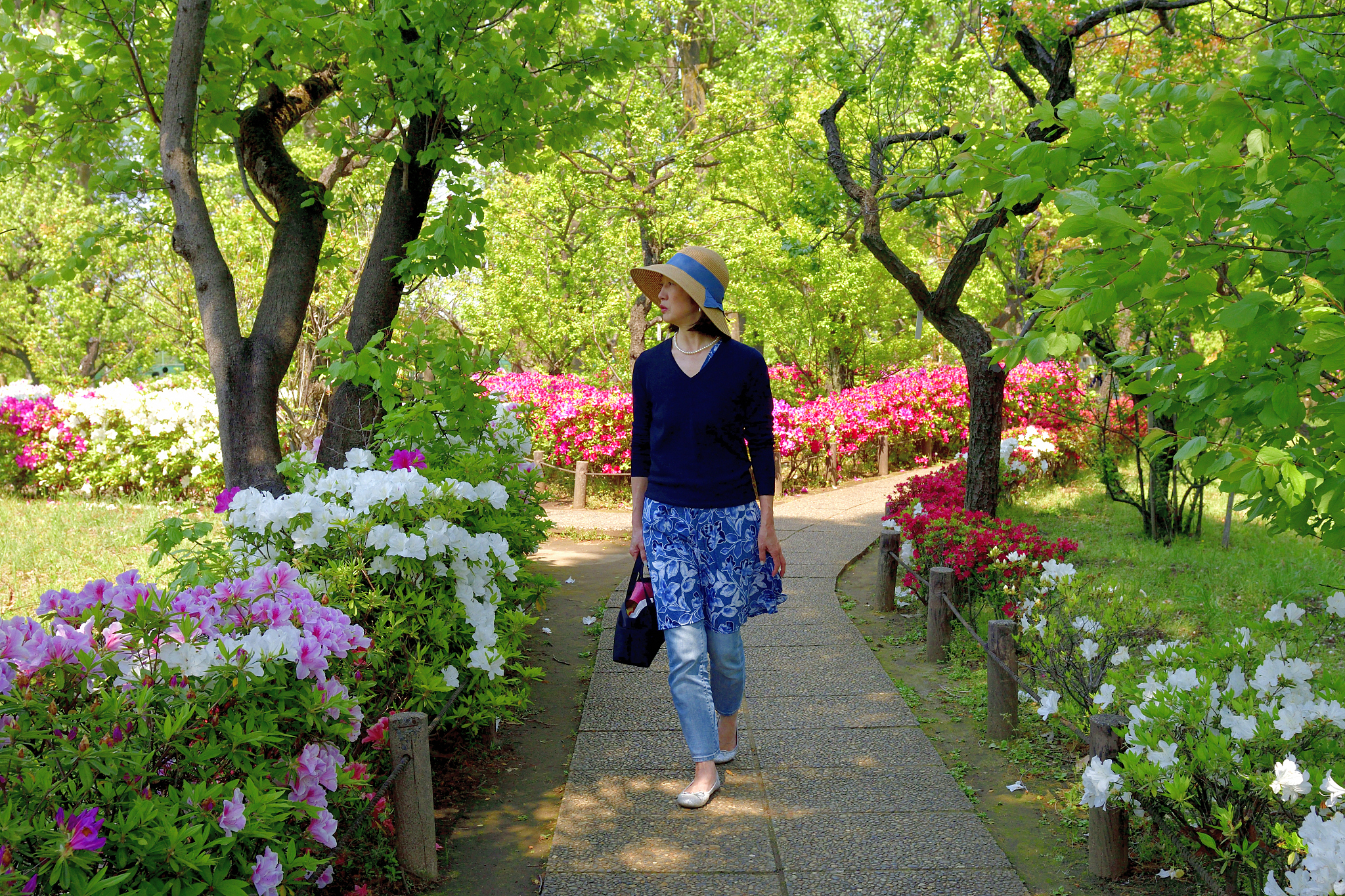 japanese woman enjoying walking in tokyo public park with azalea