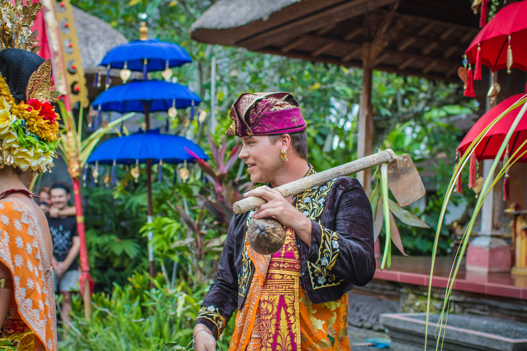 man enacting wedding scene in preparation for religious ceremony