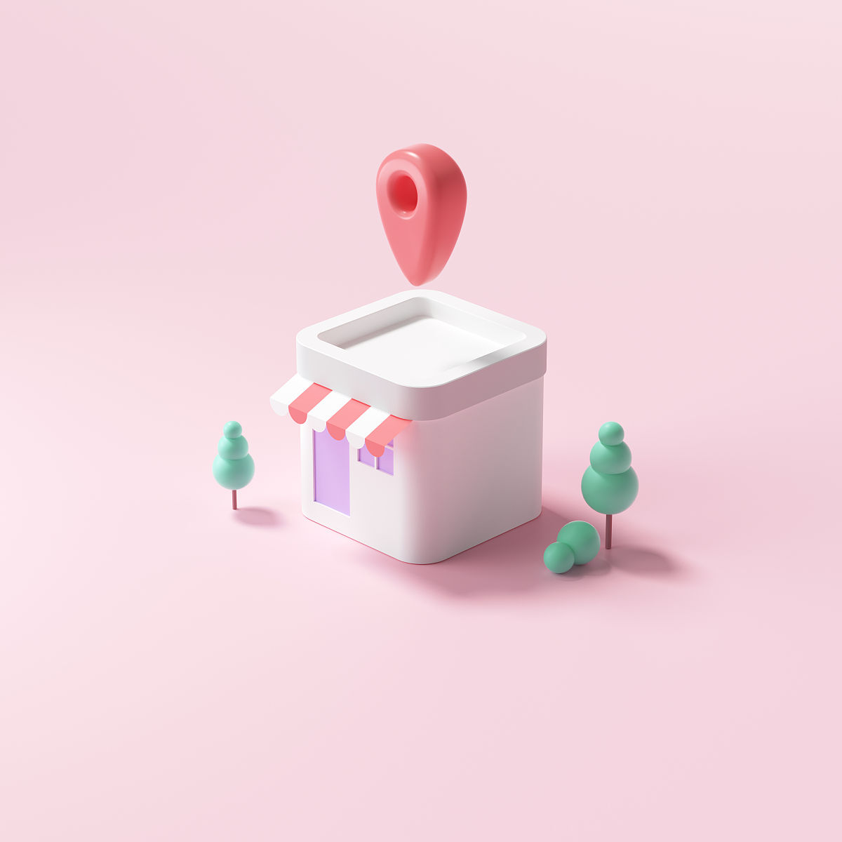 3d最小商店与地图大头针,房子在粉红色的背景.3 d渲染图
