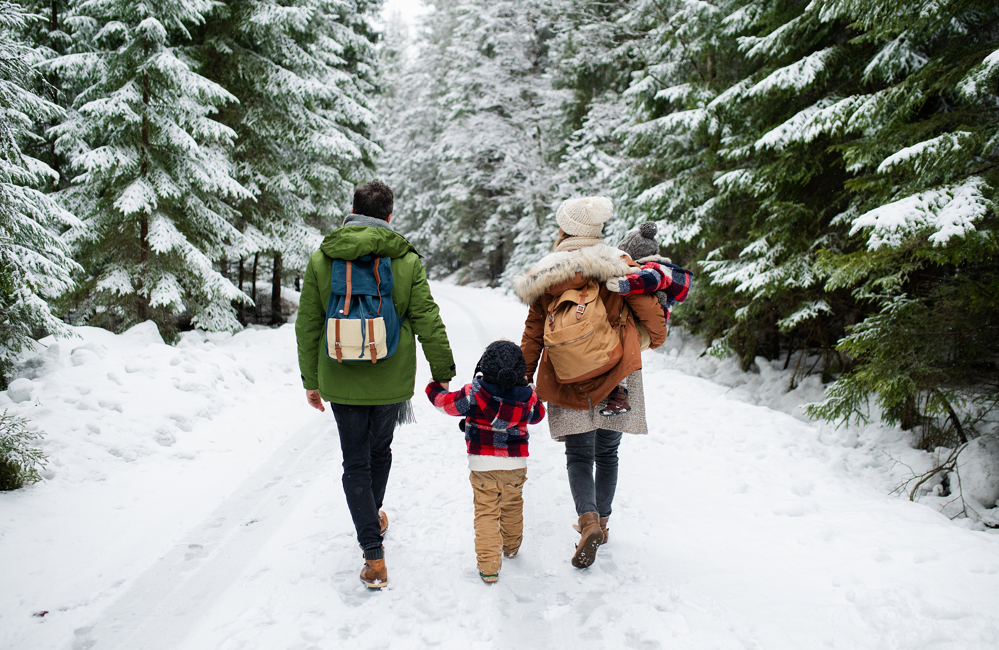 rear view of family with two small children enjoying snow in win