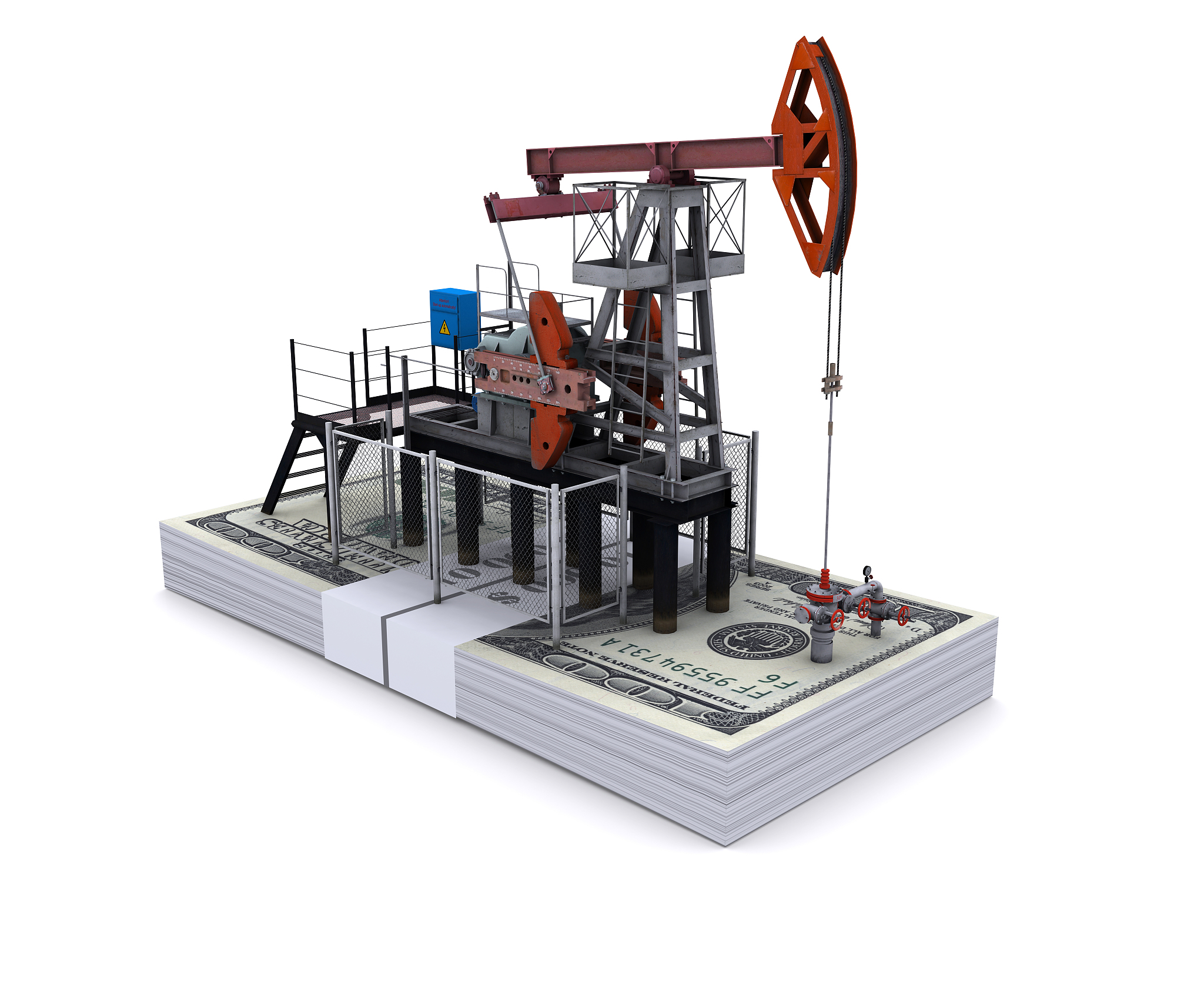 oil pump-jack stands on a pack of dollars
