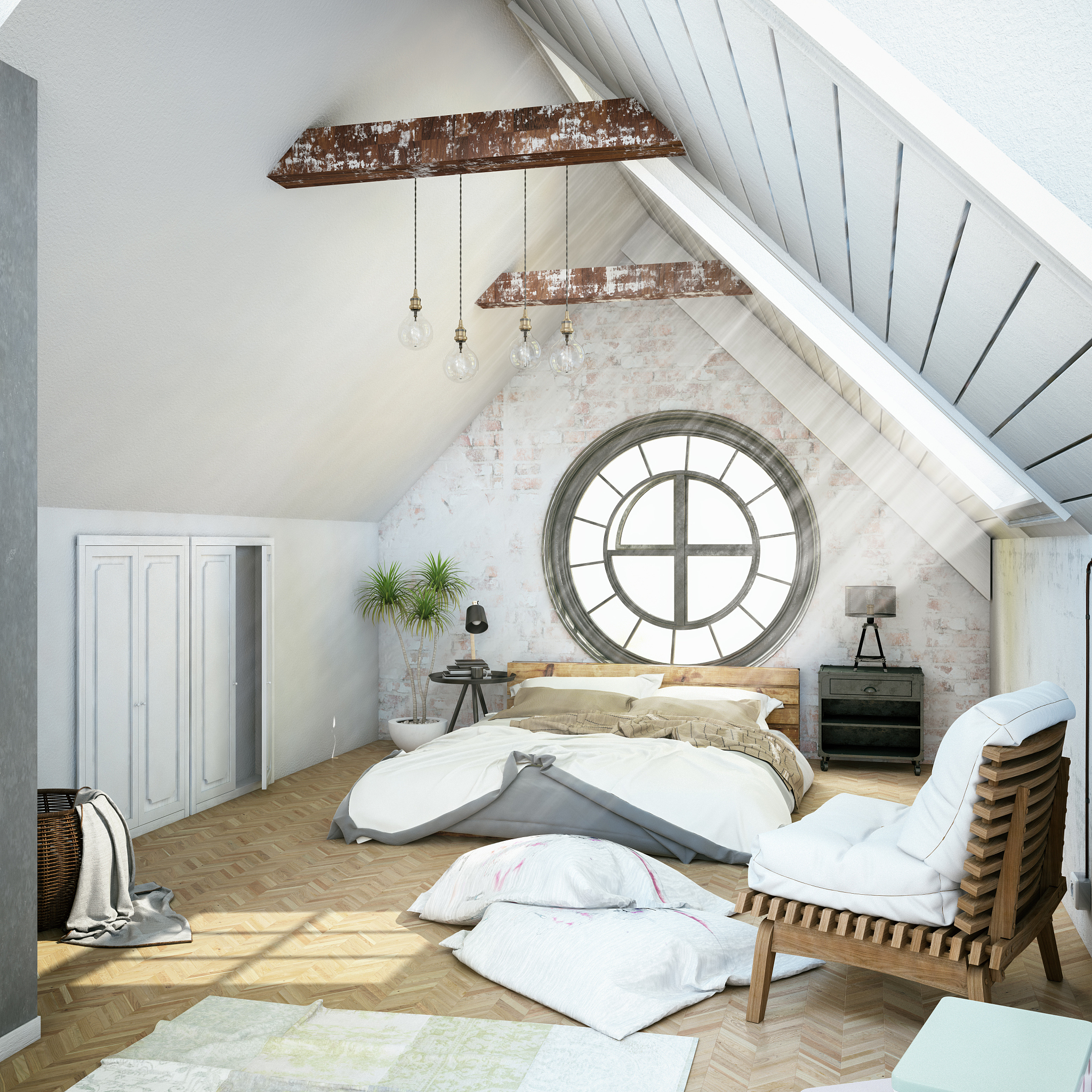 阁楼式书房家具设计：木人桩挂衣架、鼓式凳子、树叶形书桌