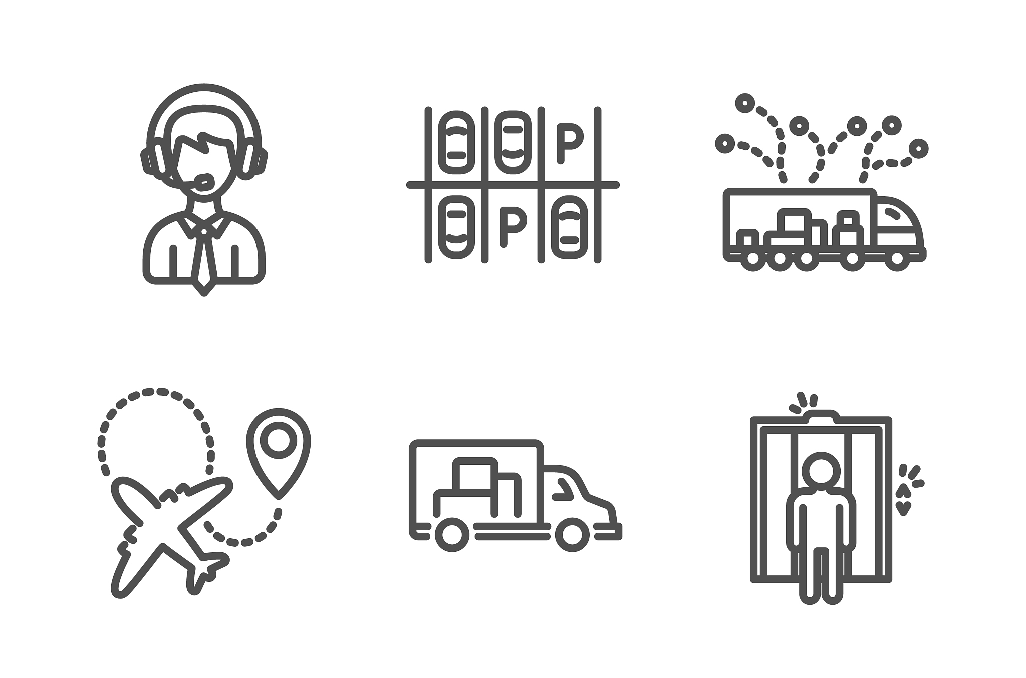 shipping support parking place and airplane icons