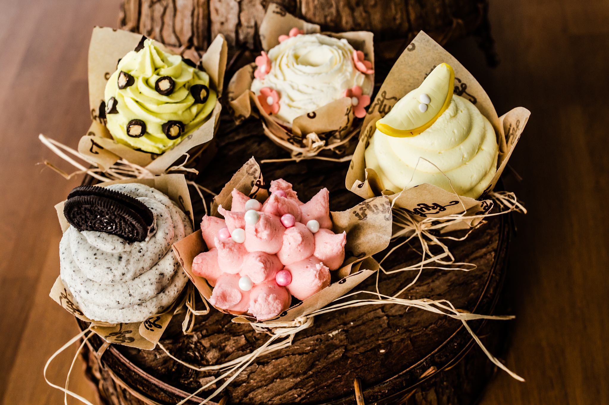 delicious colorful cupcakes top view