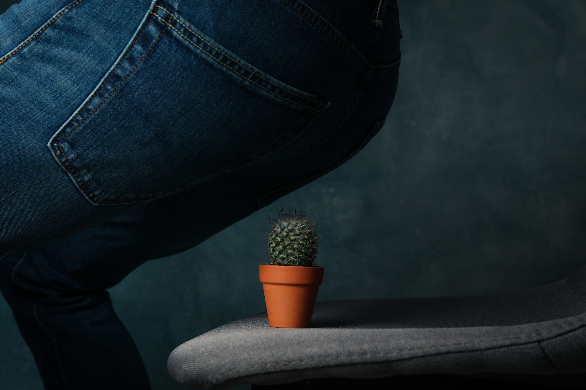 man sit on a chair with cactus. hemorrhoids