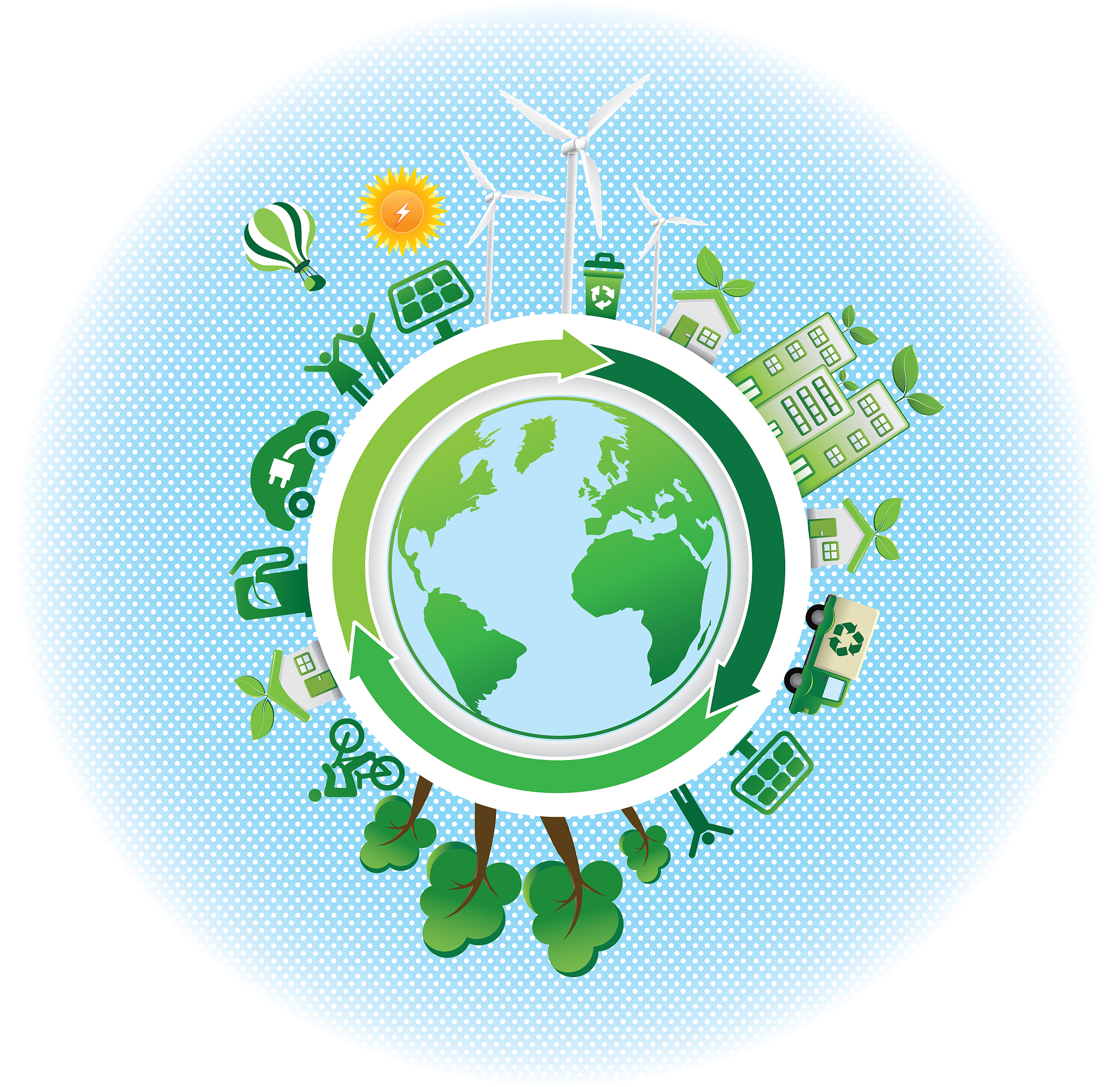 eco green icons with world map