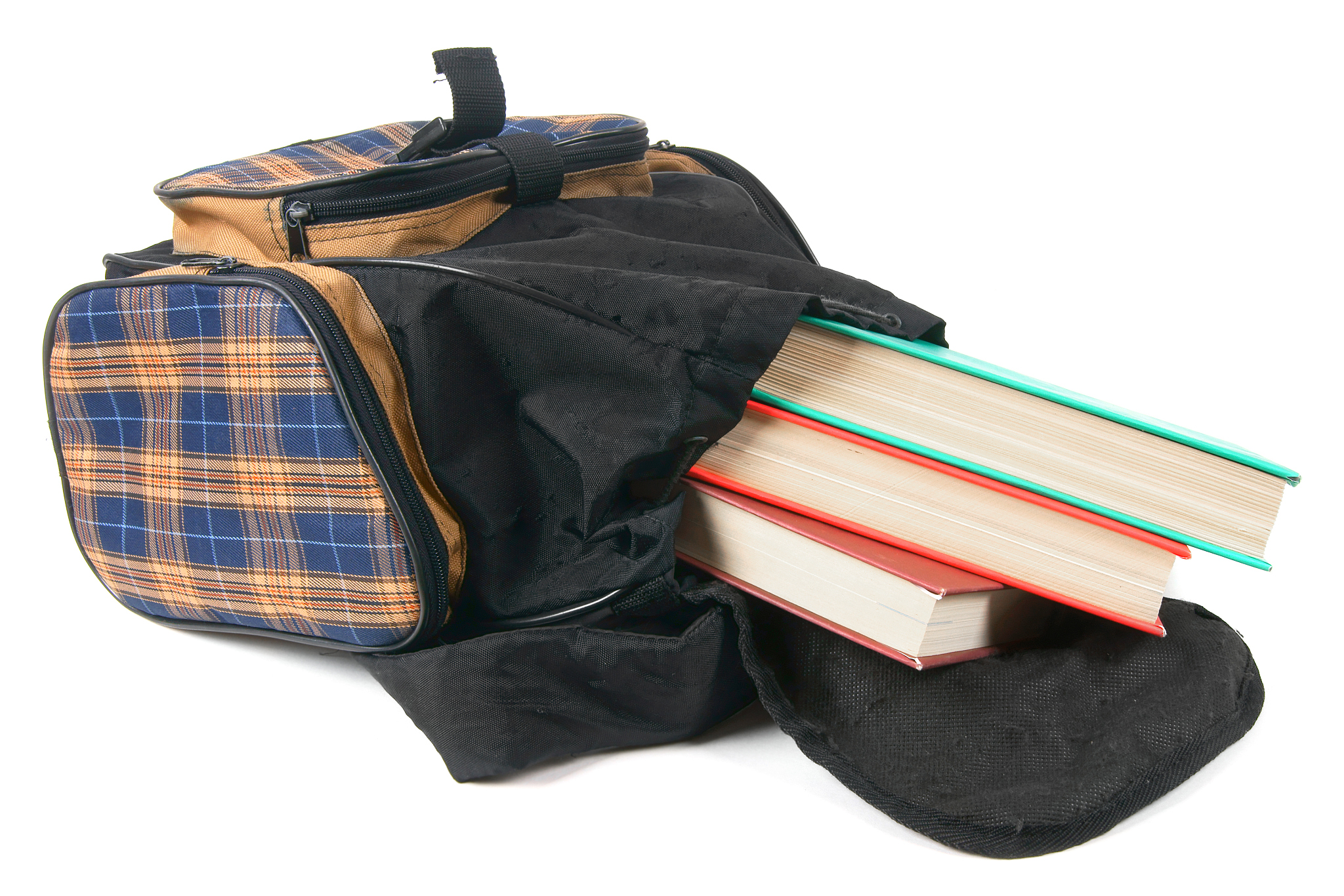 school backpack and books. on white background.