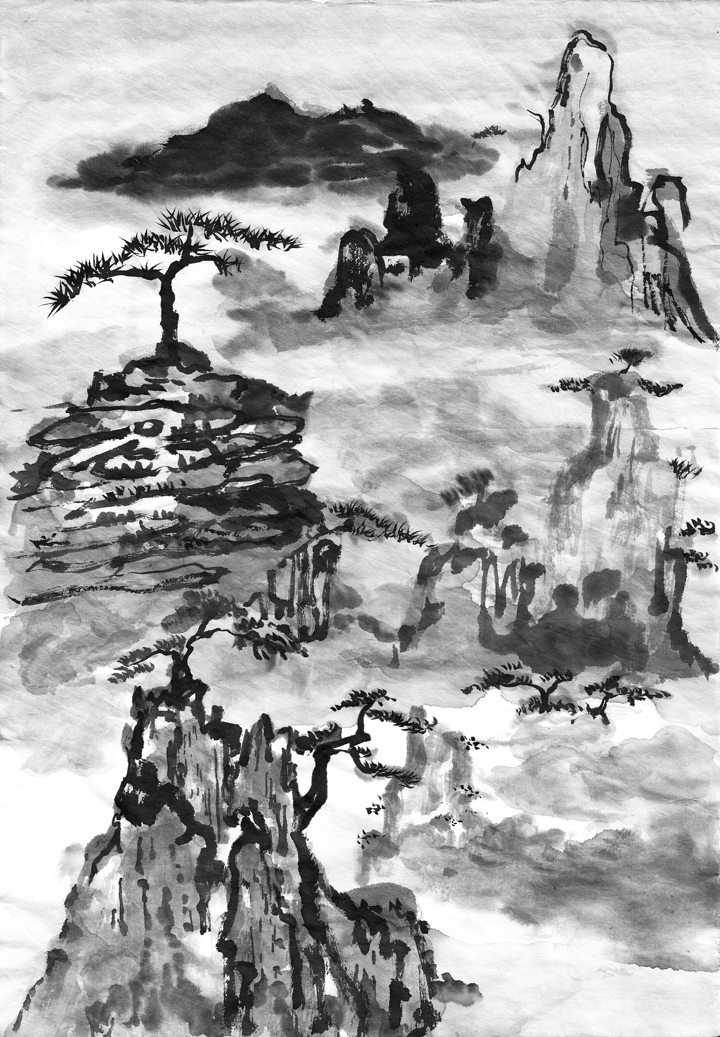 黑白色在重彩山水画中的运用：平衡、对比与韵律
