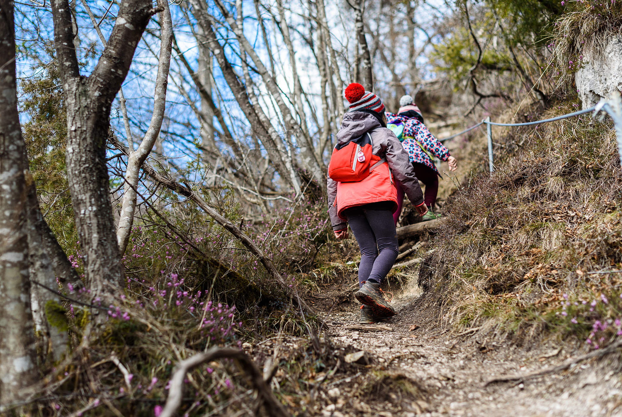 请用五百字帮我描写一下一位老婆婆带着一位年轻人和小孩儿下山的画面