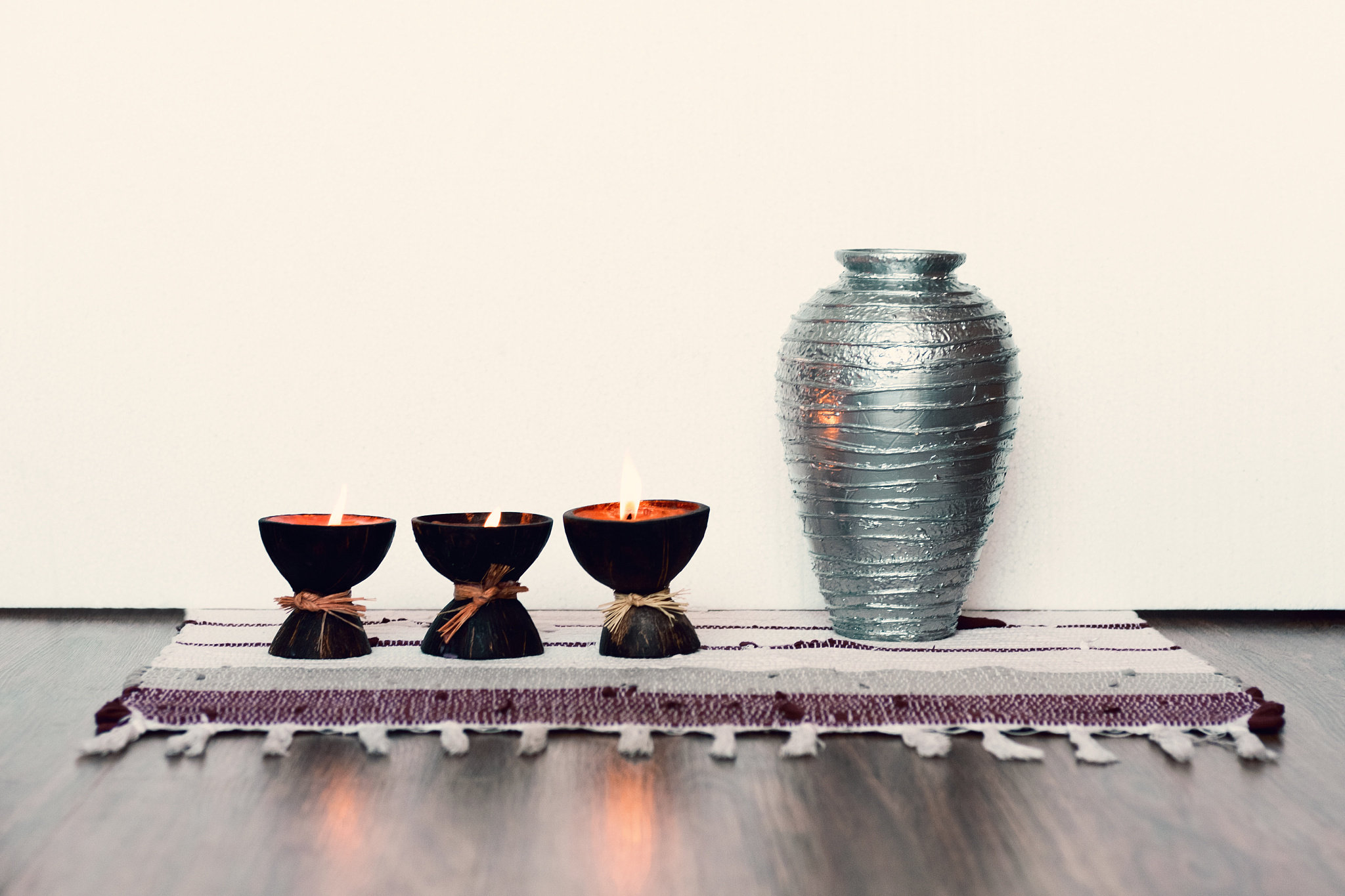 cozy home interior decor, burning spa aroma candles in coconut s