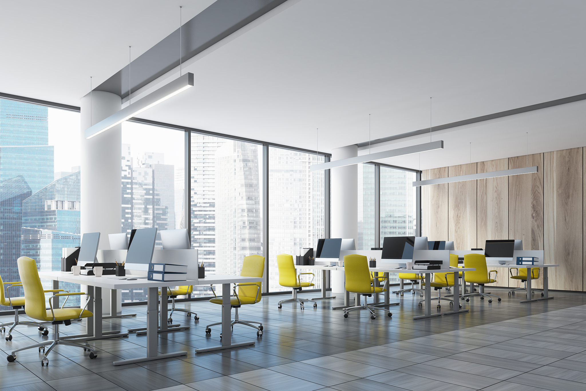 loft open office with a wooden wall, side
