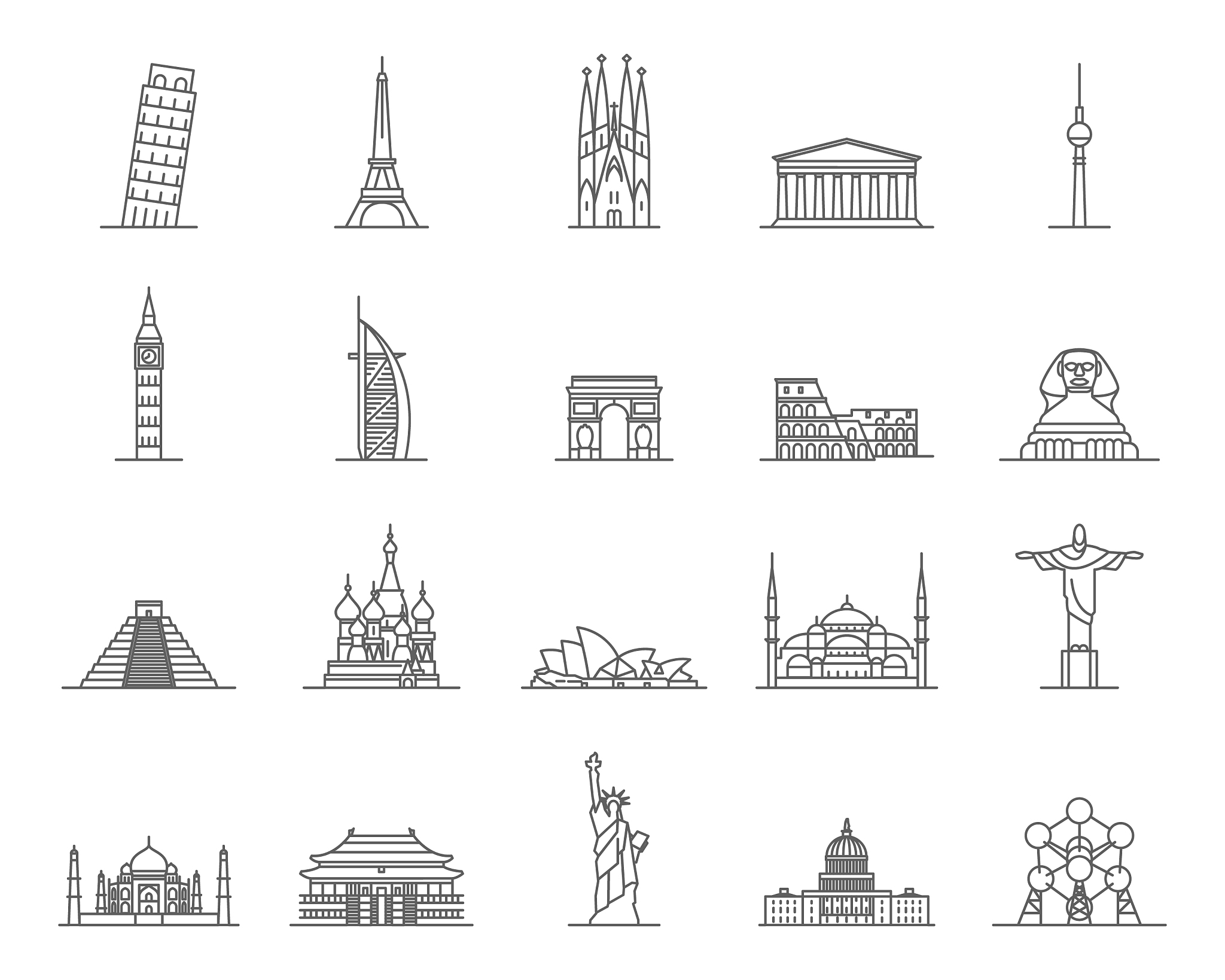 world landmarks signs black thin line icon set