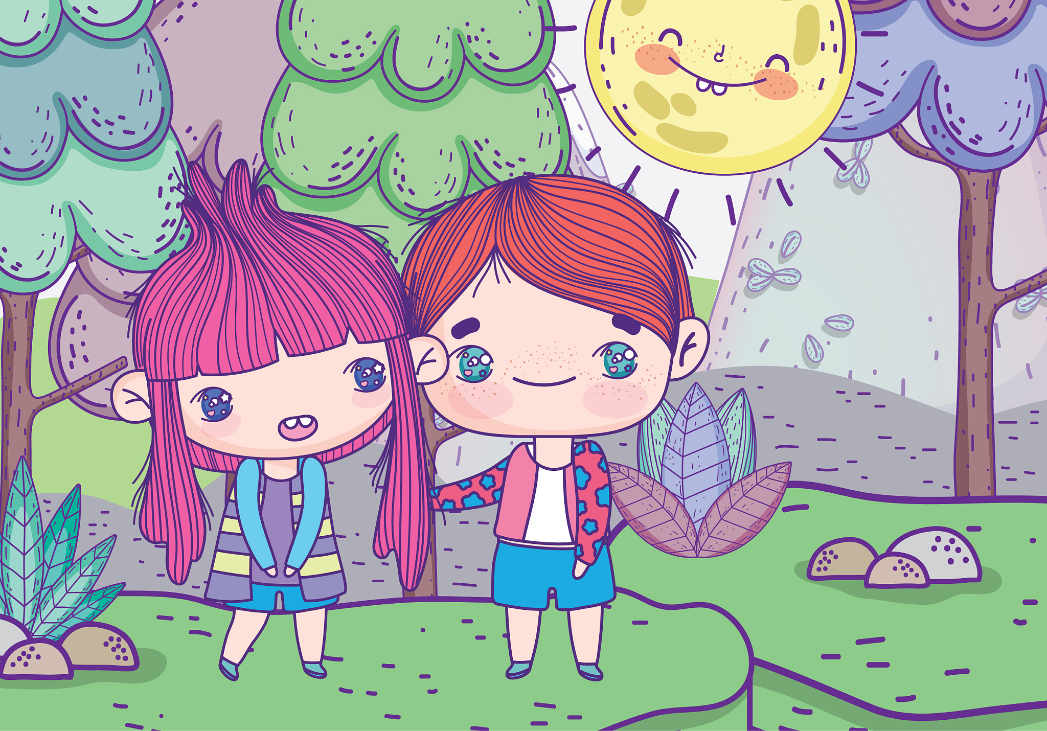 kids cute little boy and girl anime cartoon grass