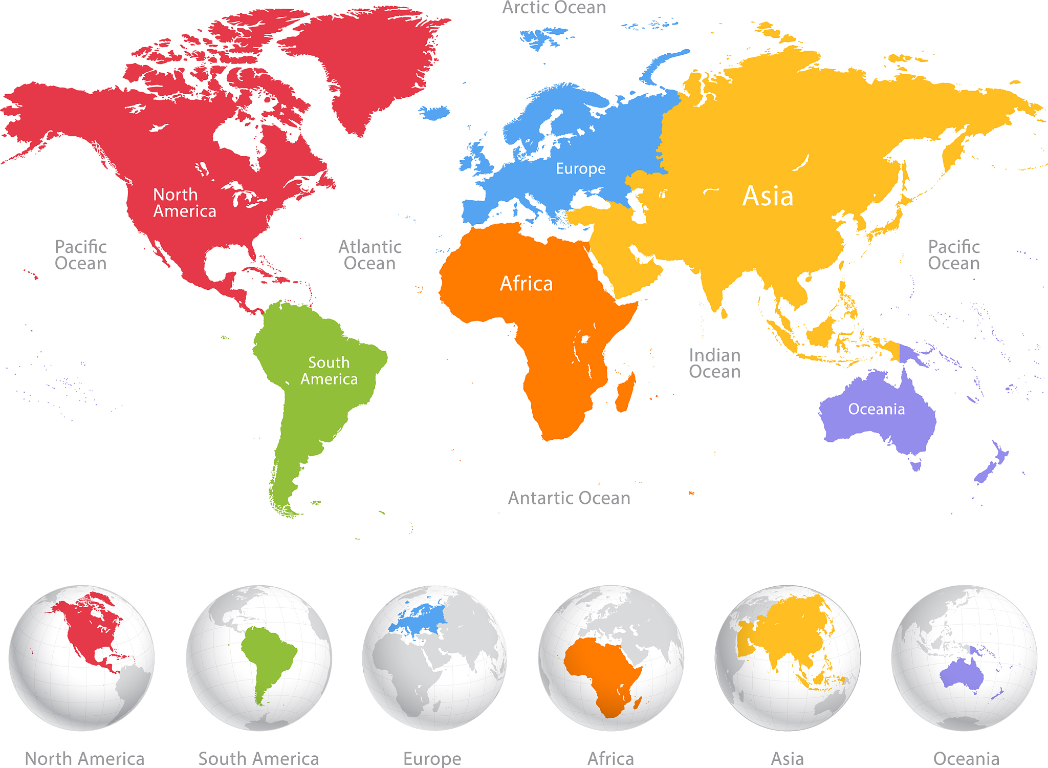 world map divided into six continents each