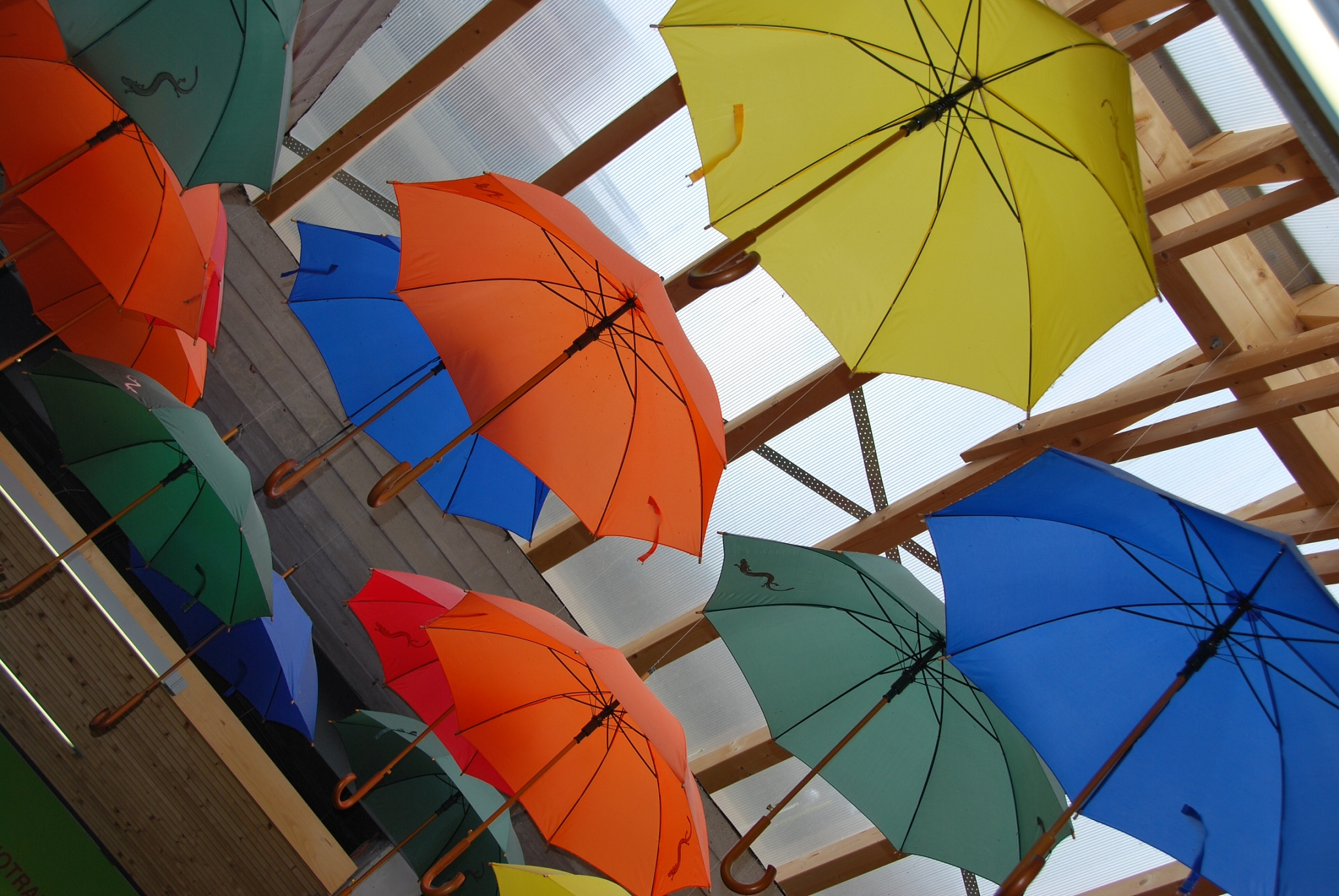 colorful umbrellas hanging from ceiling