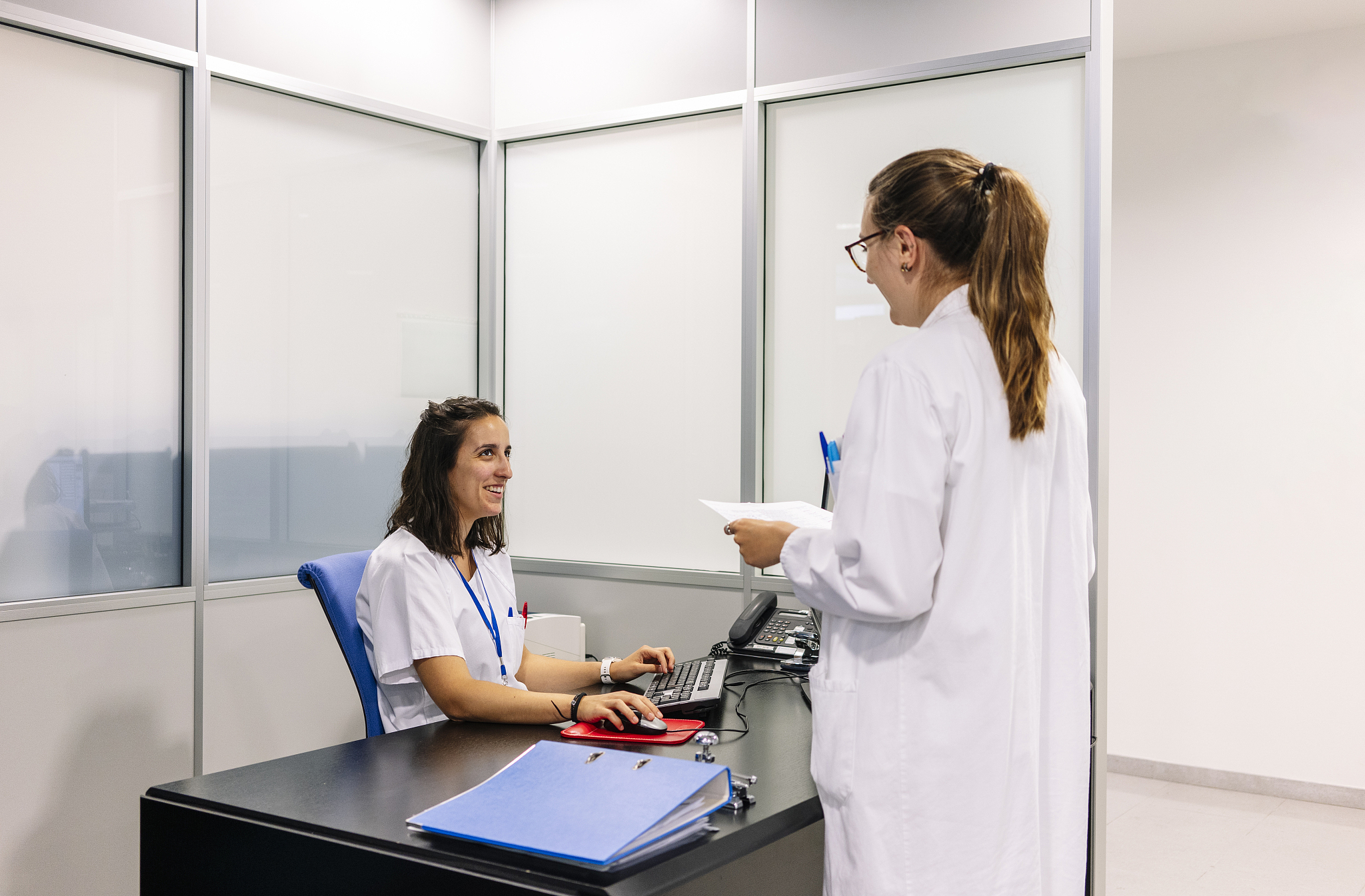 female doctor discussing with colleague using computer on desk i