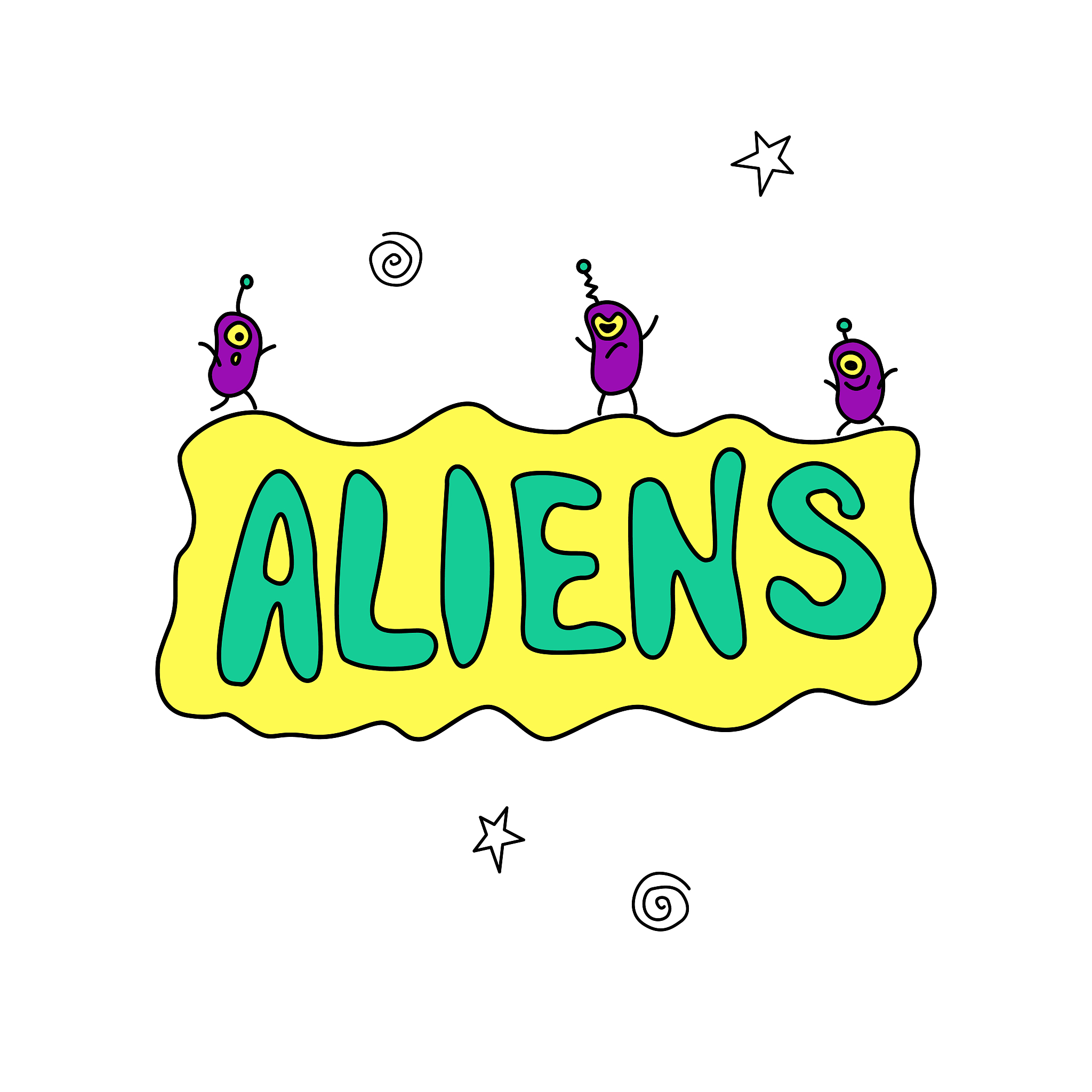 aliens - handwritten calligraphy vector illustration. color lett