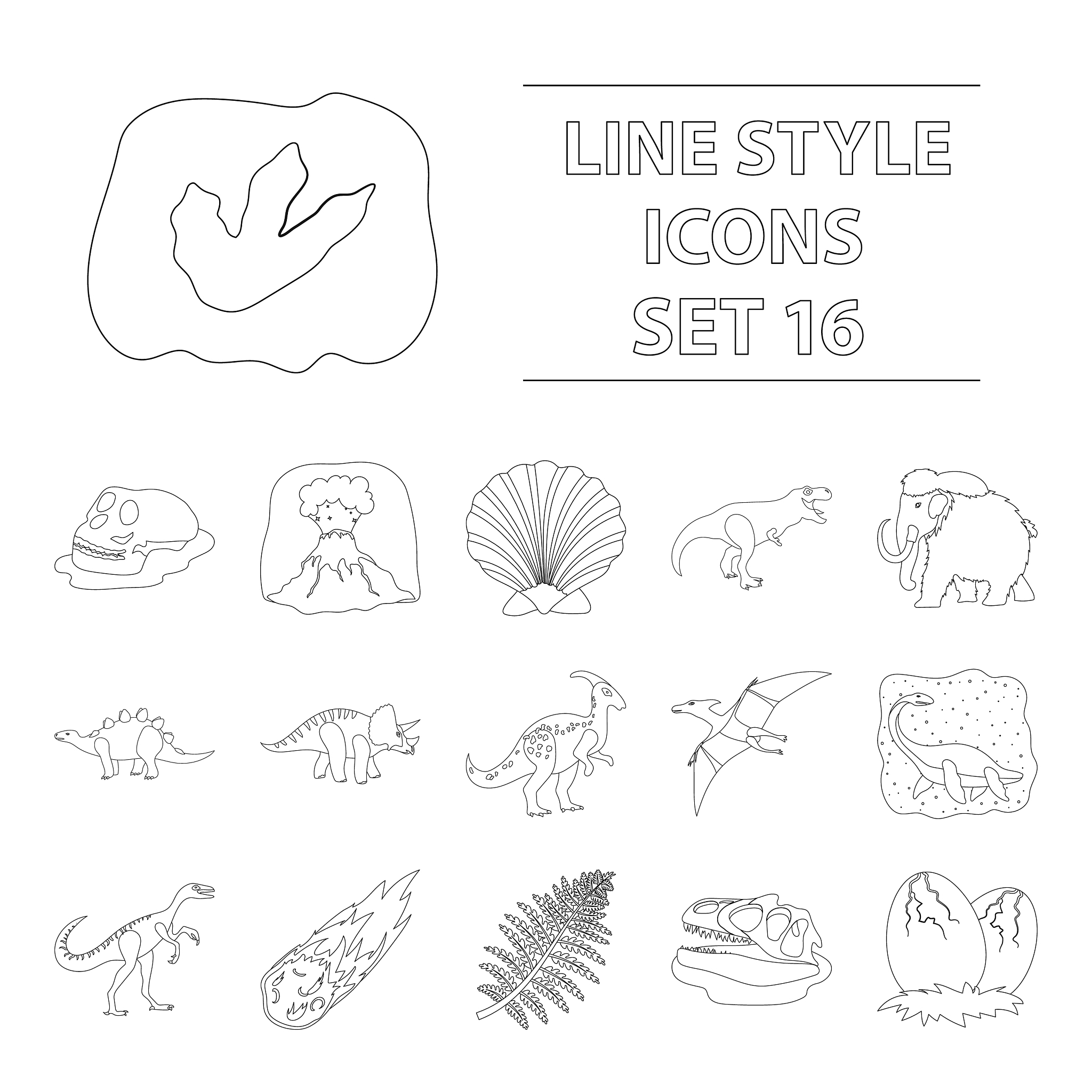dinosaurs and prehistoric set icons in outline