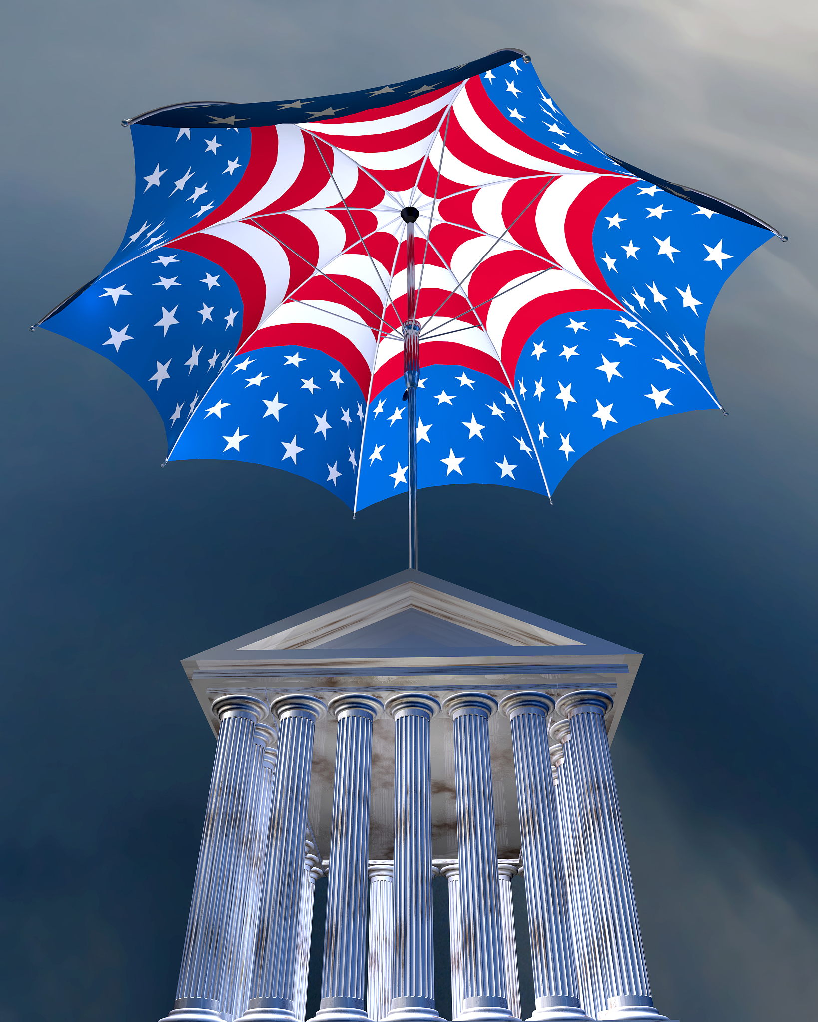 big umbrella standing over stocks exchange building
